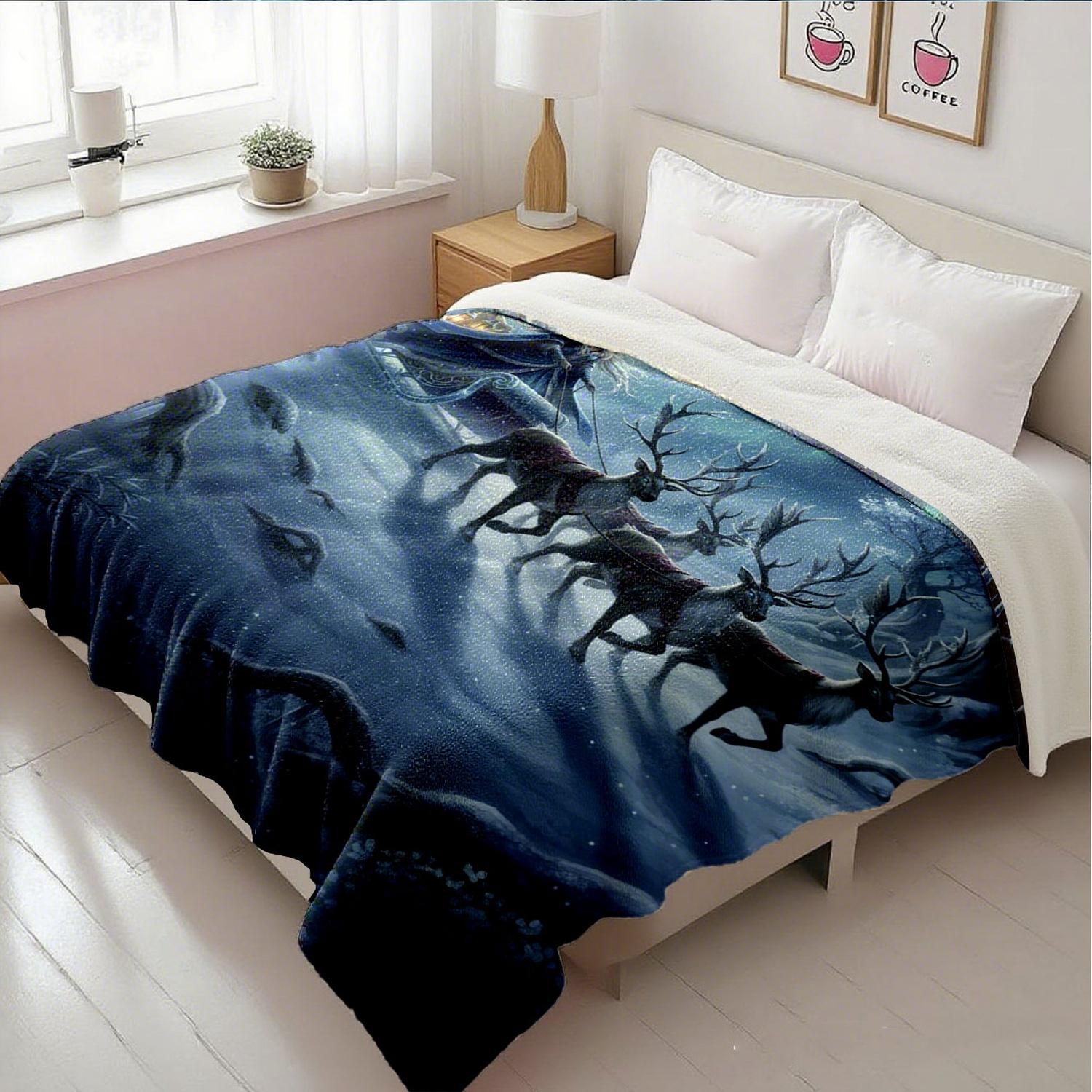 1pc Snow Queen Reindeer Sleigh Flannel Blanket, Super Soft Cozy Warm Throw for Sofa, Bed, Travel, Office, Camping, Luxury Adult Holiday Gift Decor.