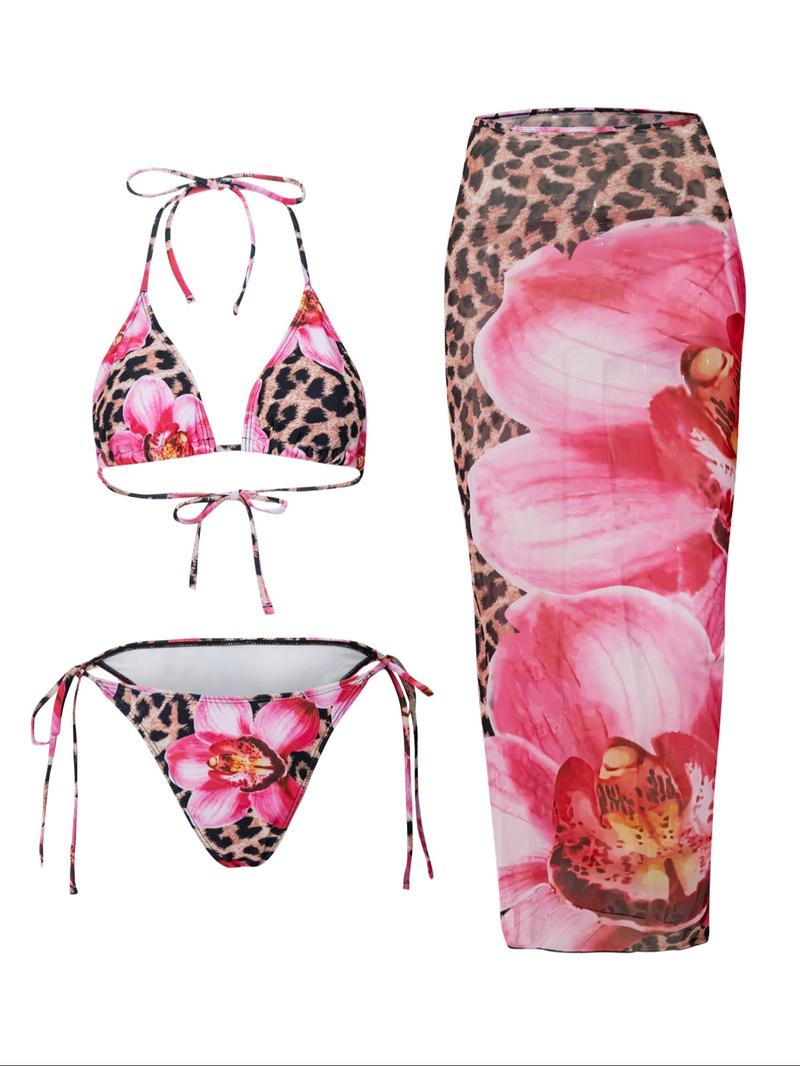 Women's Floral Print Halter Bikini Set, Casual Tie Back Contrast Mesh Swim Top & Tie Side Swim Bottom & Cover Up Skirt Set, Ladies Swimsuit for Beach Holiday Vacation, Floral Print Bikinis