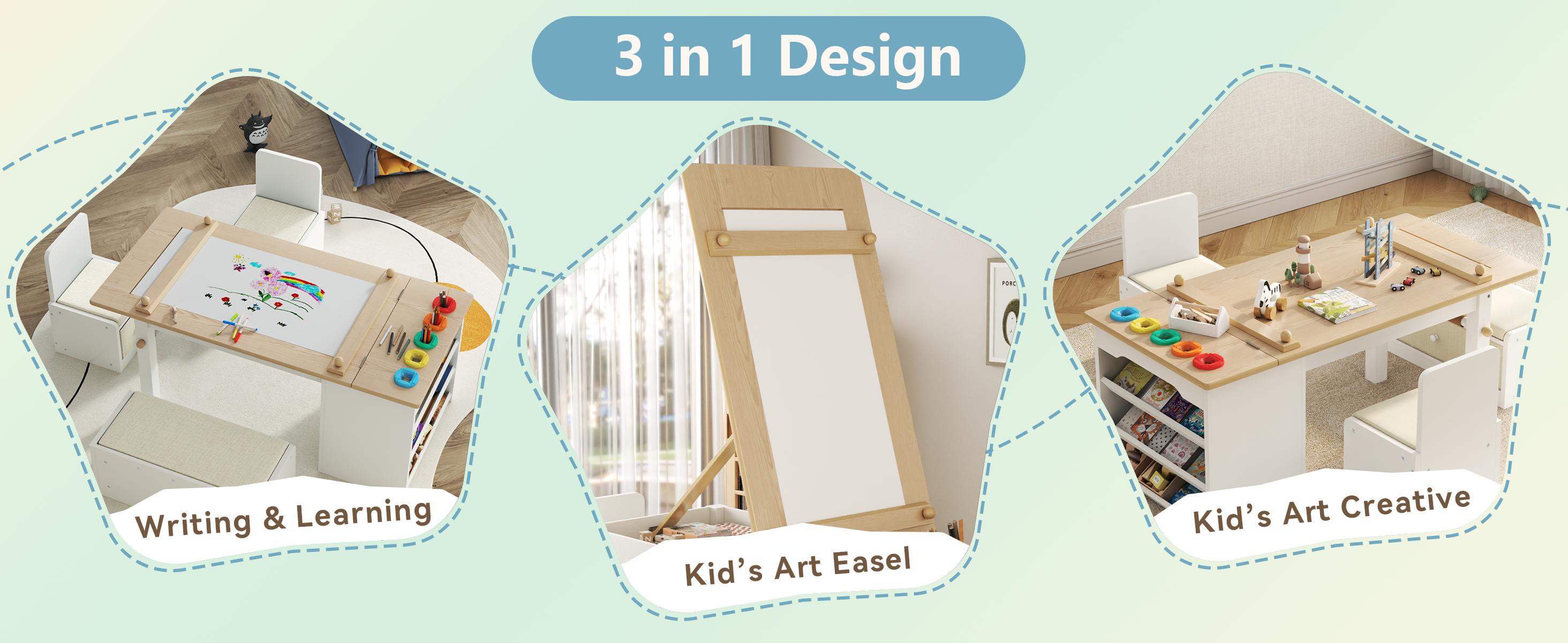 3 in 1 Kids Art Table and Chair Set, Art Desk & Easel w/ Storage Shelves, Drawers, Paint Cups, Paper Roll, Toddler Table and Chair Set w/ Bench & 2 Chairs for Draw, Write, Play, Crafts