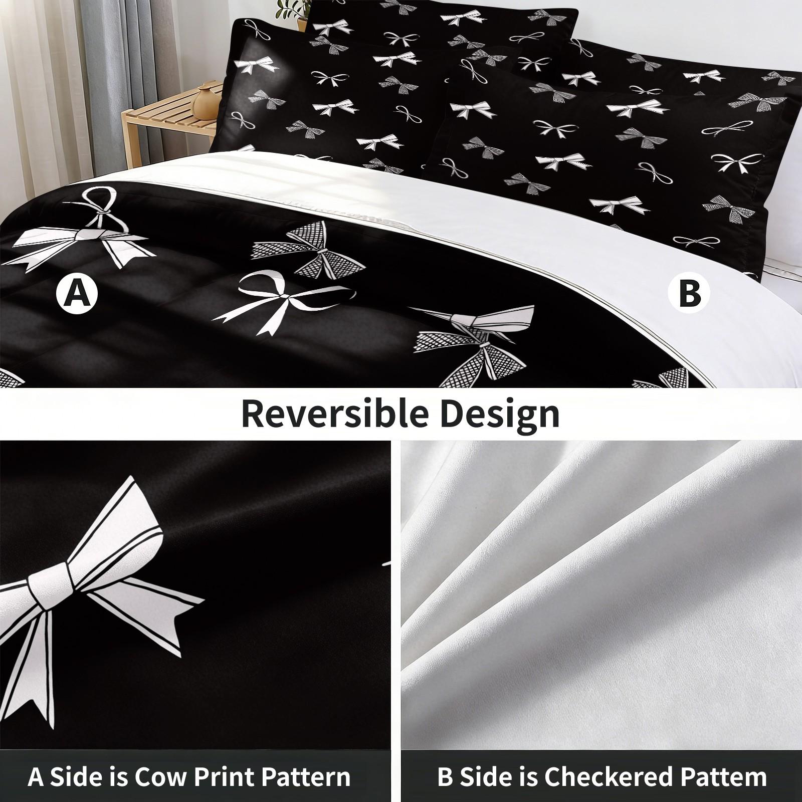 2/3Pcs Black Bow Print Comforter Set, Soft Microfiber Bedding Set with Pillowcases, Coquette Aesthetic Quilt, All Season Lightweight Digital Printed Bed Set for Girls Teens Bedroom Decor