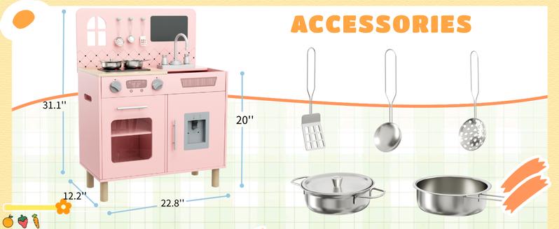 Wooden Kids Play Kitchen Set with Real Lights & Sounds, Interactive Pretend Kitchen with Knob Sounds, Sink, Water Dispenser, 6 Pcs Cookware & Chalkboard Panel for Toddlers and Children