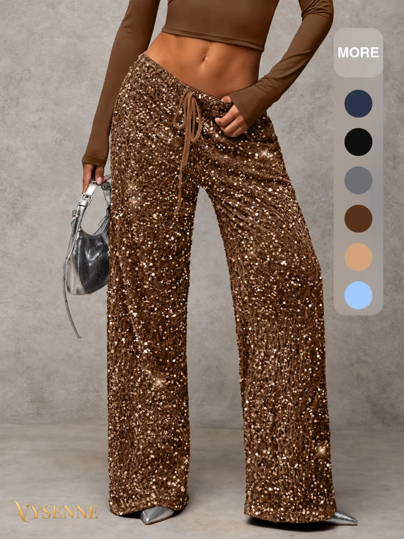 VYSENNE Women's Sequin Wide Leg Pants with Elastic, Adjustable Drawstring Waist and Allover Sparkly Detailing, Relaxed Full Length Party Trousers for Going Out Outfits, Date Nights, Glam Night Out Looks #SequinPants