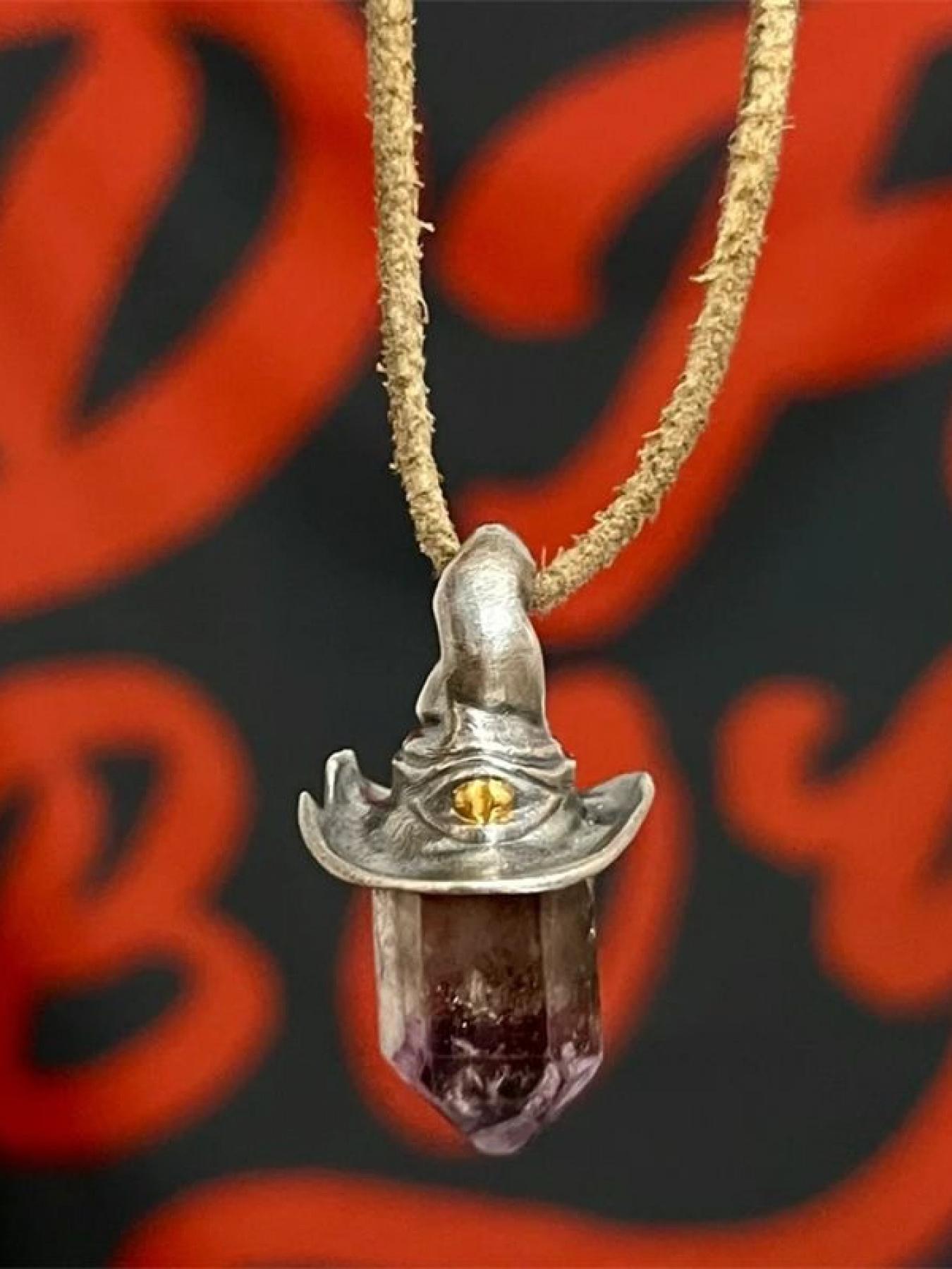 Vintage - Style Wizard Hat & Amethyst Crystal Celestial Pendant Design Necklace, Unique Occult - Inspired Jewelry, for Men & Women, Daily & Special Occasion Wear, Necklaces Men