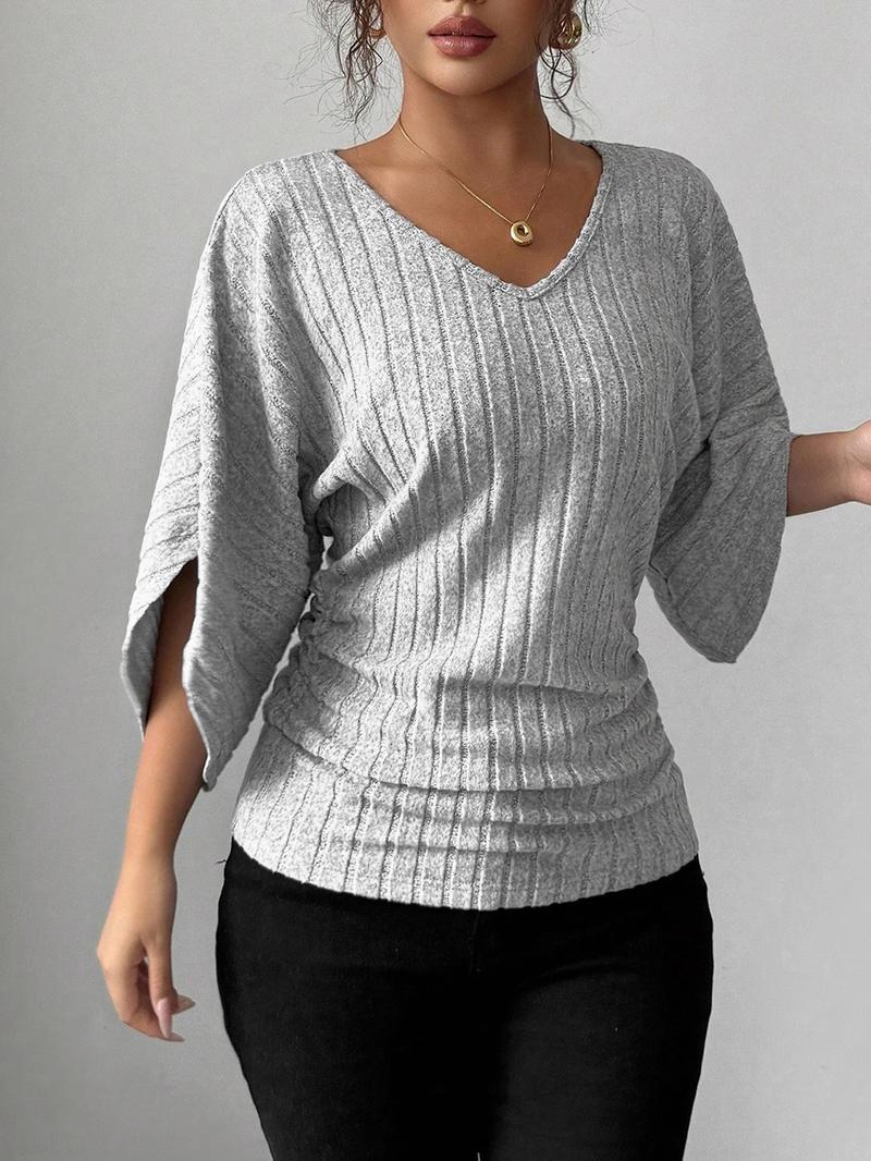 Women's 1pc Solid Color Ribbed Batwing Sleeve V-Neck Blouse Soft Stretchy Knit Fabric & Relaxed Batwing Sleeve Design & Vertical Ribbed Texture & V-Neck Silhouette & Curved Hem Detail，batwing shirts