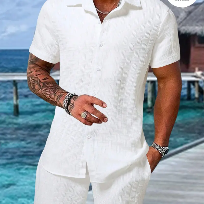 【Black Friday】Men's Regular-Fit Short-Sleeve Two-Piece Pajama Set, Casual and Comfortable Button-Up Top and Shorts, Summer Sleepwear, Loungewear, Solid-Color Casual Pajama