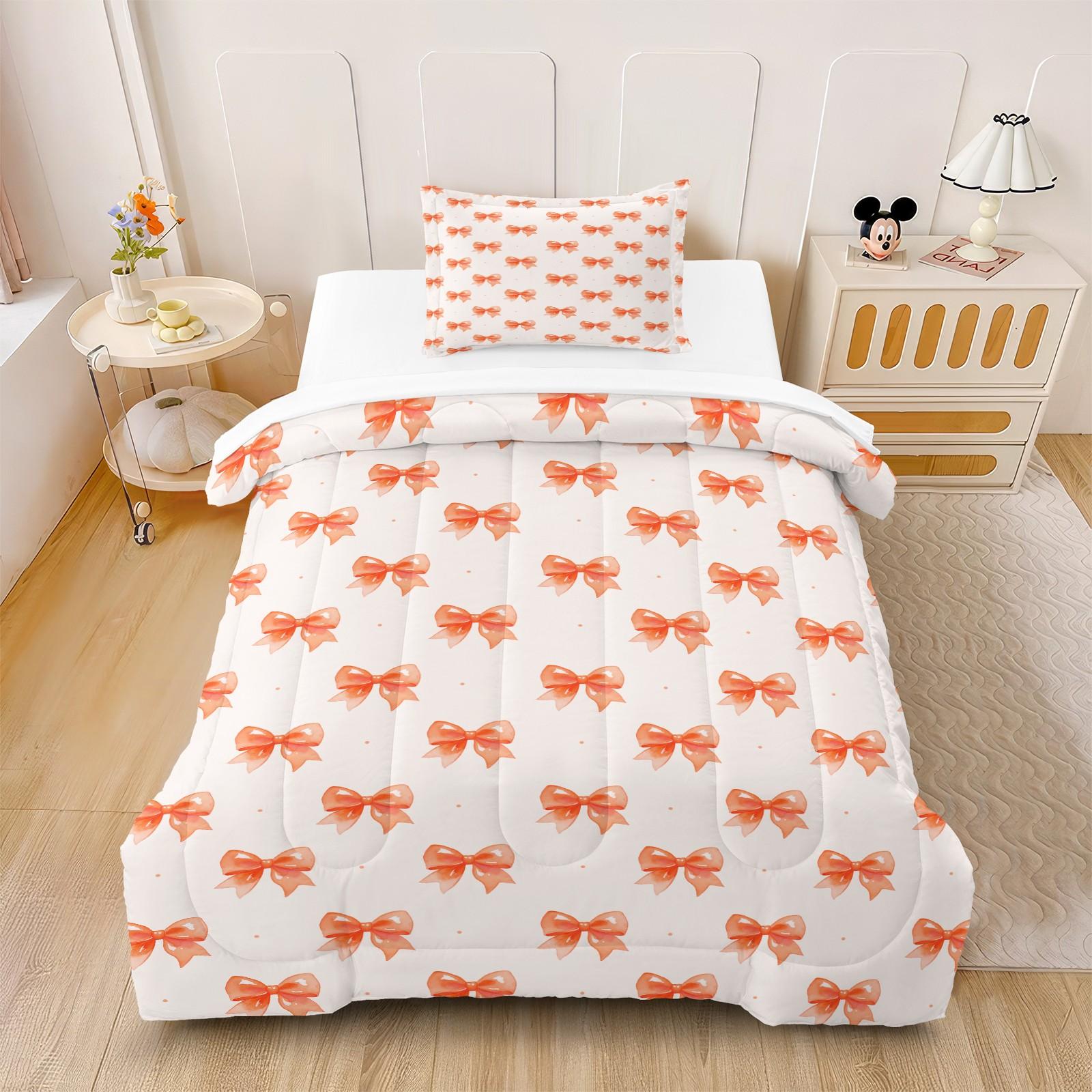 2/3 Pcs Cute Bow Knot Comforter Set, Pastel Sweet Ribbon Bedding for Bedroom, Warm Gift for Teen Girls and Women, Pillow Insert Not Included, Filling Included