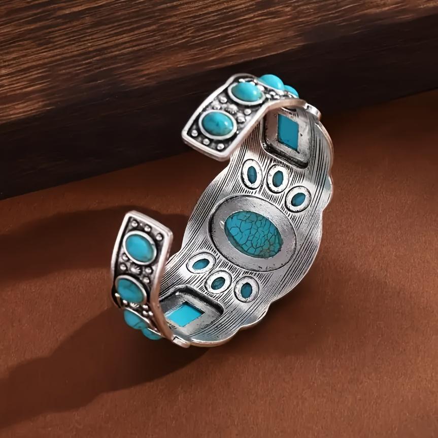 Women's Vintage Bohemian Natural Turquoise Round Bangle - Ethnic Theme, Beading Detail, Boho Beadwork, High-Quality Beads, Unisex Wear, Vacation Casual Accessory, Christmas Valentine's Day Gift Jewelry