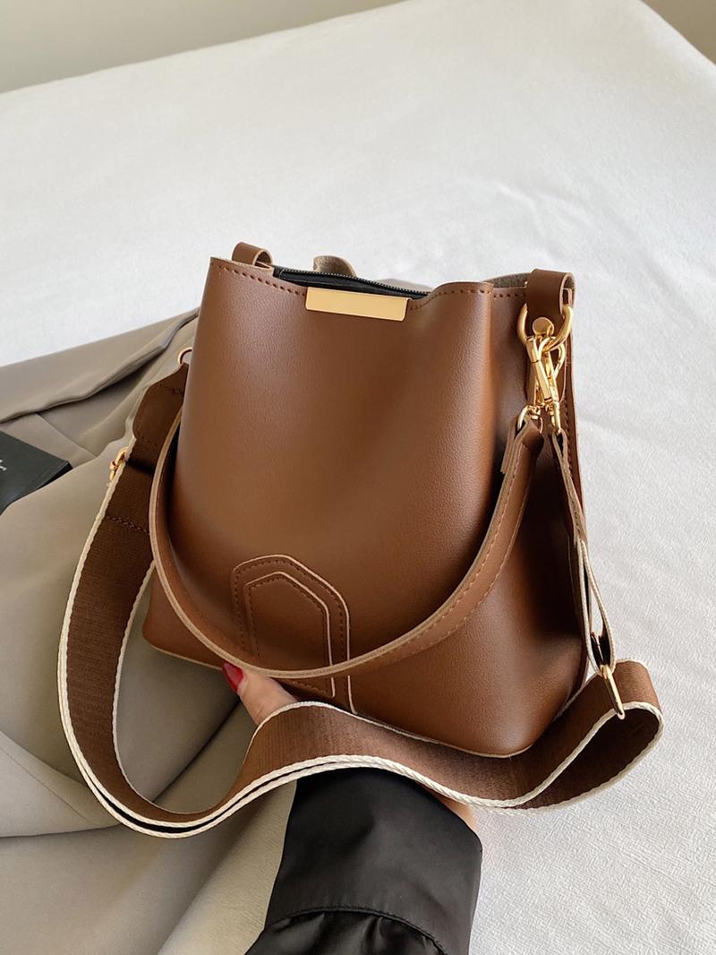 Women's Elegant PU Leather Bucket Bag, Fashionable Vintage Classic Texture Shoulder Bag with Wide Strap, Casual Versatile Crossbody Bag for Work, Commuting, Dating, Shopping and Daily Use