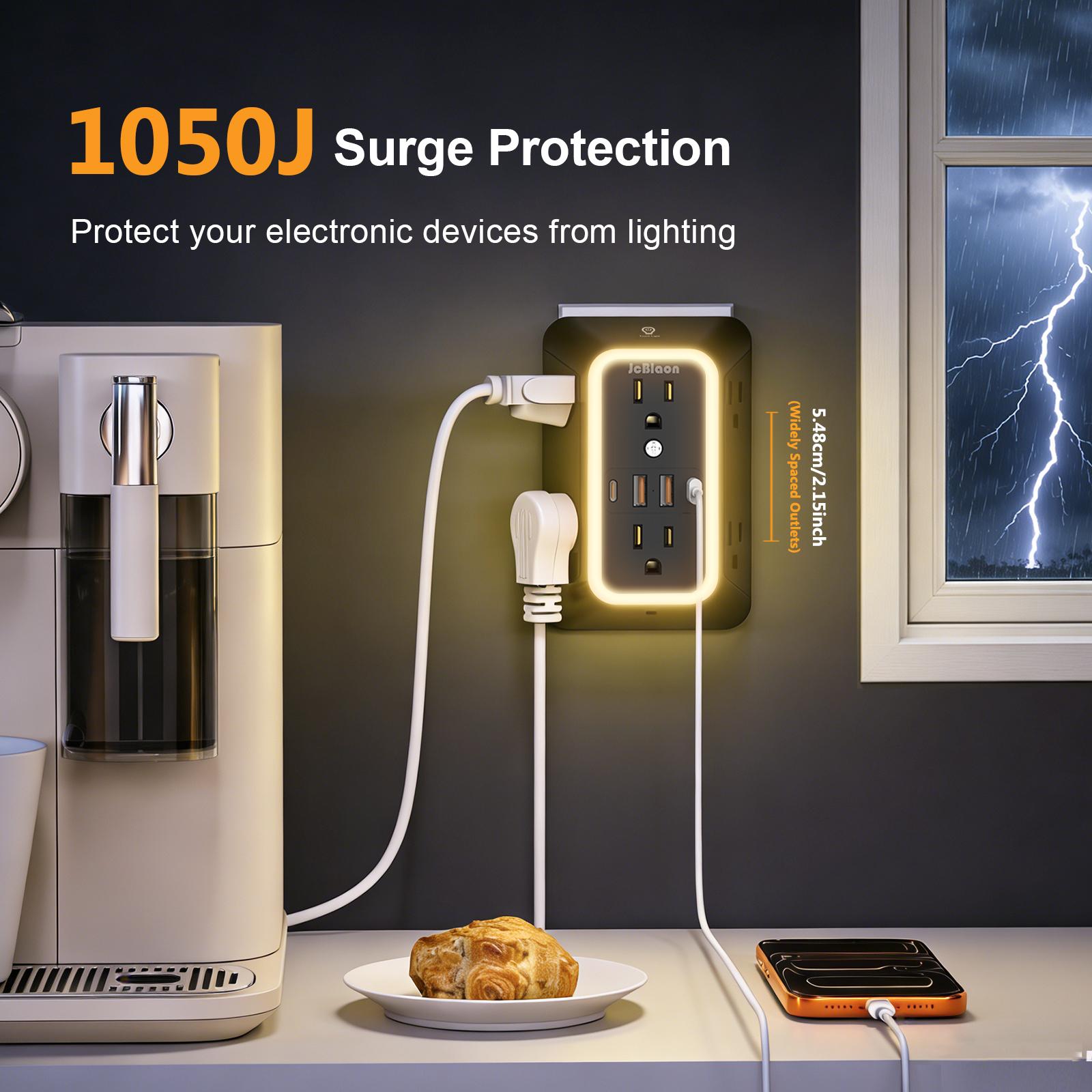 2 Pack Wall Outlet Extender with Night Light, 6 AC Outlets 4 USB Charging Ports , 1050J Surge Protector Power Strip, Multi Plug Outlet Adapter for Home, Travel, Office（Black and White）