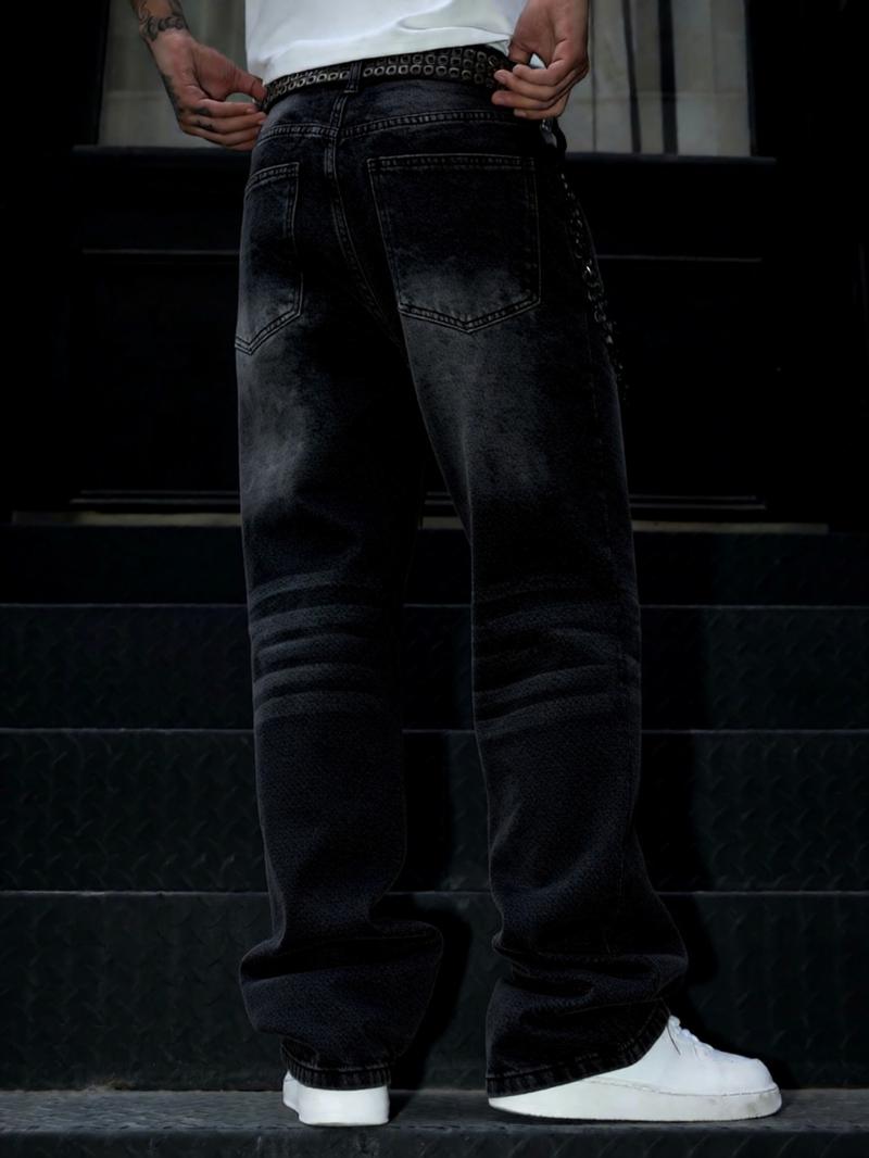 Men's Washed Loose Straight Leg Denim Jeans, Y2K Casual Streetwear, All Seasons, Moderate Fit, Perfect Gift for Husband or Boyfriend