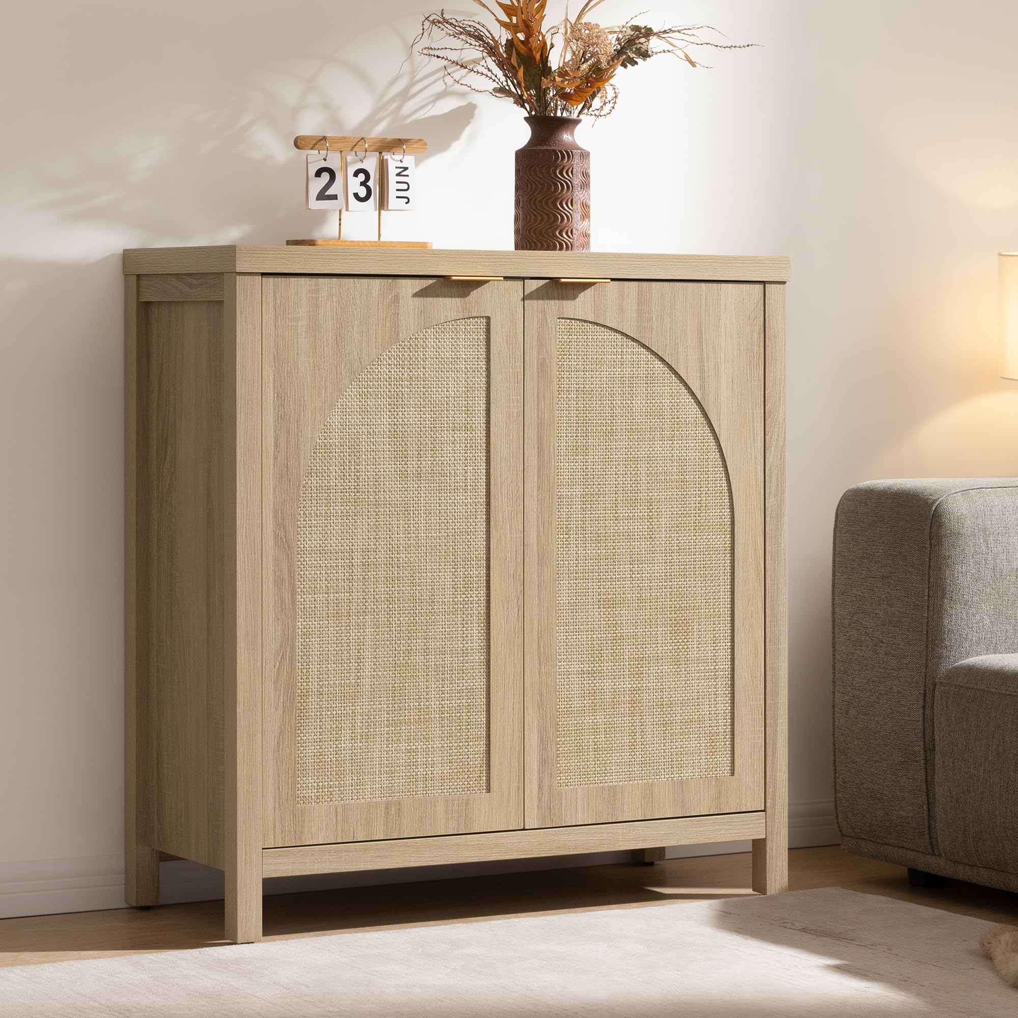 SICOTAS Accent  Storage Cabinet with Rattan Doors, Room Decor Sideboard Buffet Cabinet with Adjustable Shelves, Multifunctional Console Table Rattan Credenza for Dining Room Living Room Entryway, Versatile Design