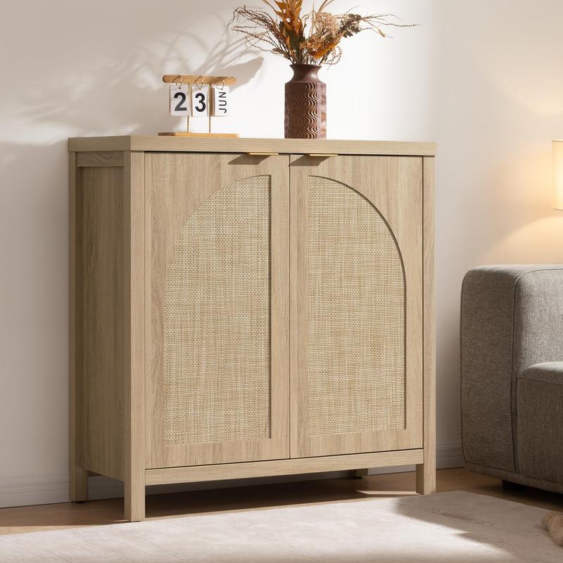 SICOTAS Accent  Storage Cabinet with Rattan Doors, Room Decor Sideboard Buffet Cabinet with Adjustable Shelves, Multifunctional Console Table Rattan Credenza for Dining Room Living Room Entryway, Versatile Design