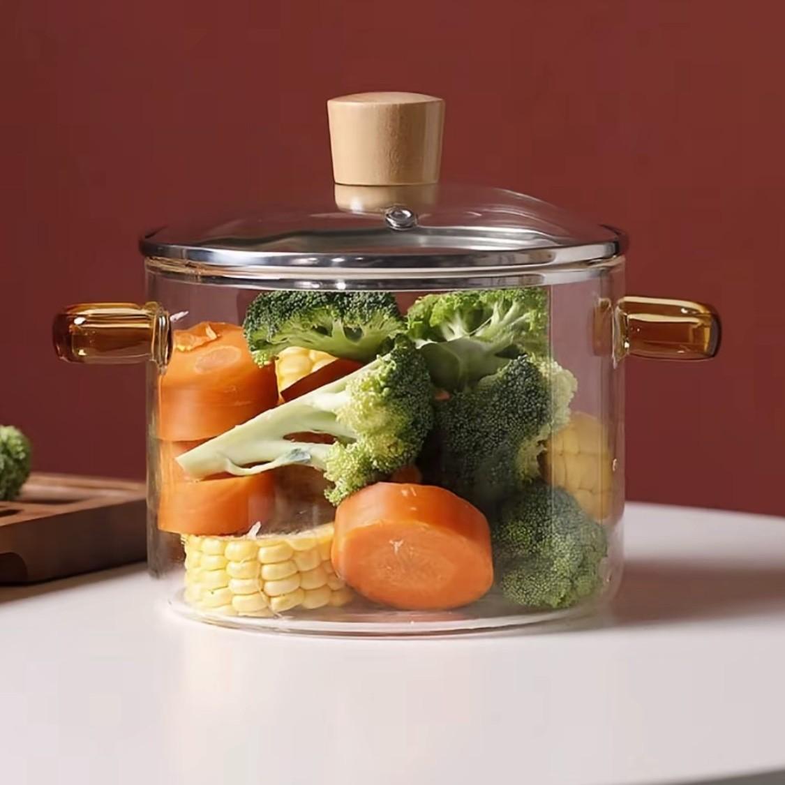 High Borosilicate Glass Cookware Steam Pot Set with Lid & Easy Grip Handle, Food Grade Non Toxic Lead Free BPA Free Multiuse Durable Kitchenware, Stovetop & Dishwasher Safe for Stew Soup Pasta Baby Food Home Kitchen Daily Use