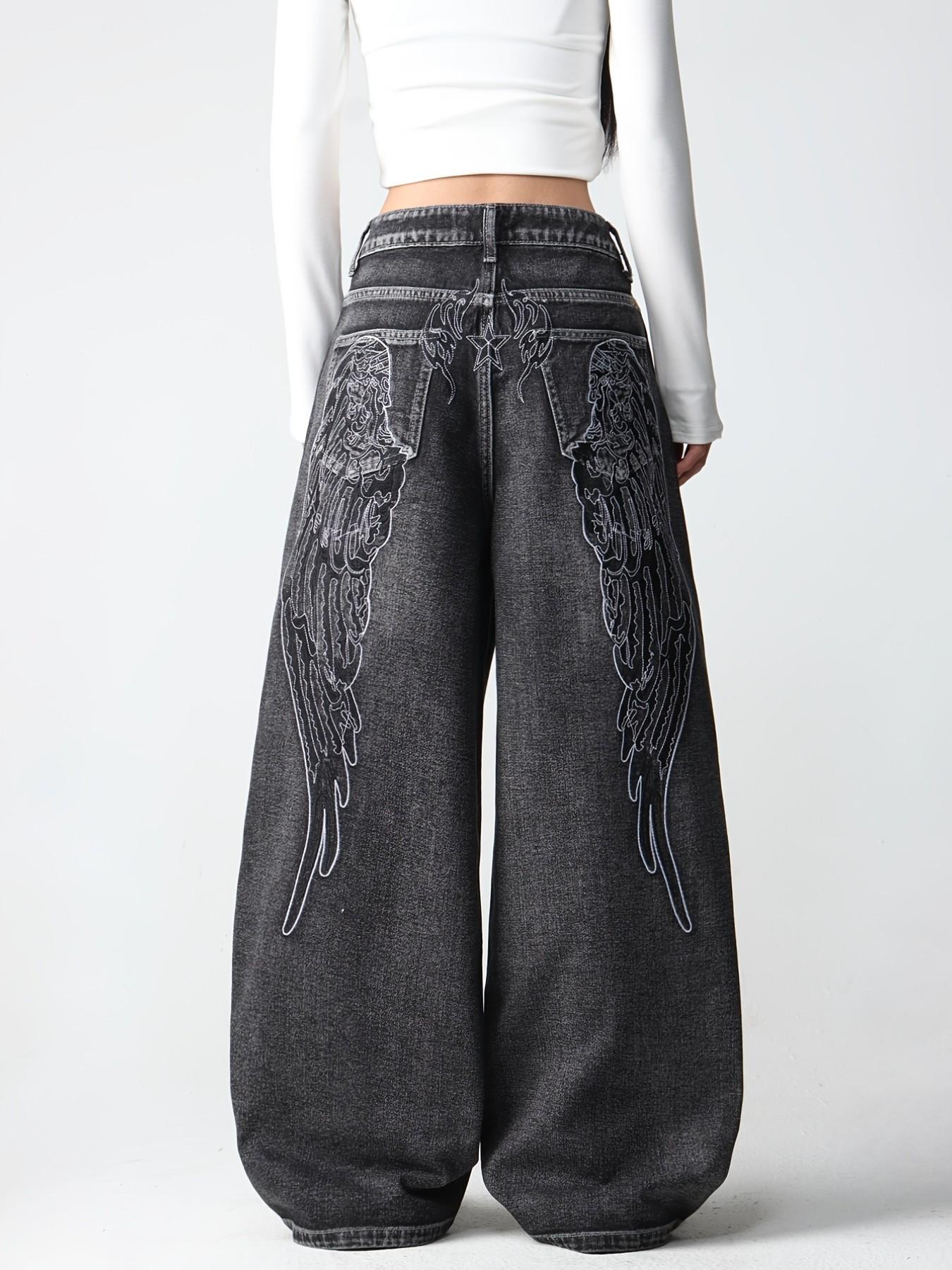 Vintage Creative Wing Embroidery Women's High Waist Baggy Denim Jeans, Casual Jeans Pants, Fashionable Trendy Streetwear Versatile Slimming Wide Leg Long Pants