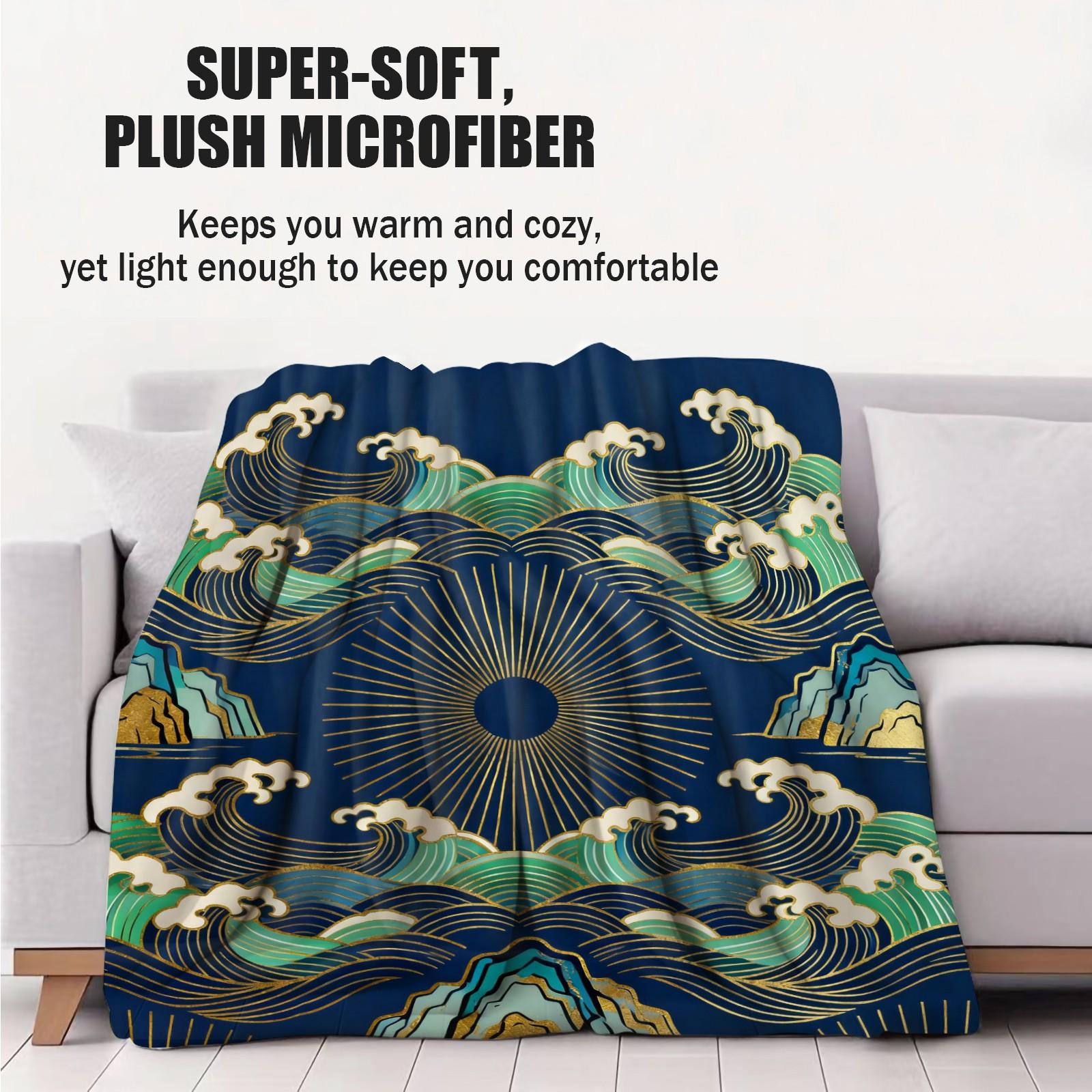 1 Piece Japanese Wave Sun Blanket, Navy Blue Gold Foil Great Wave HD Digital Single-Sided Print Flannel Throw Blanket, Super Soft Plush Warm Blanket for Couch Bed Travel, Multipurpose Cozy Gift Blanket