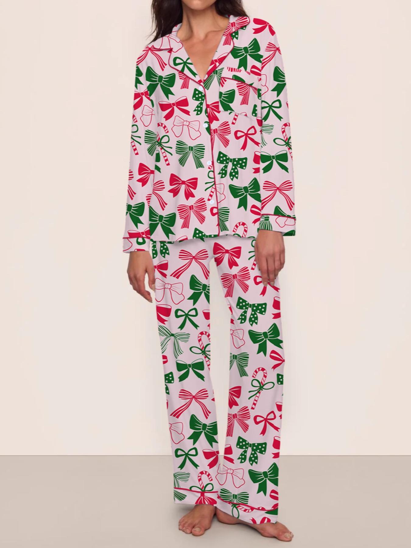 【Christmas Pajamas】Women's Christmas Pajama Set, Long Sleeve Casual Loungewear, Elastic Waist Pants, Elegant Cute Holiday Nightwear