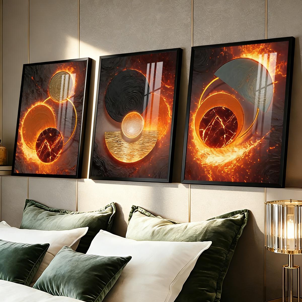 3 Counts Aluminum Alloy Framed Painting, Abstract Fire And Lava Geometry Pictures, Home Decoration For Living Room, Bedroom, Office, Restaurant, Hallway Wall Decor, Odorless Print Artwork, Luxury Perfect Gift For Friends And Family