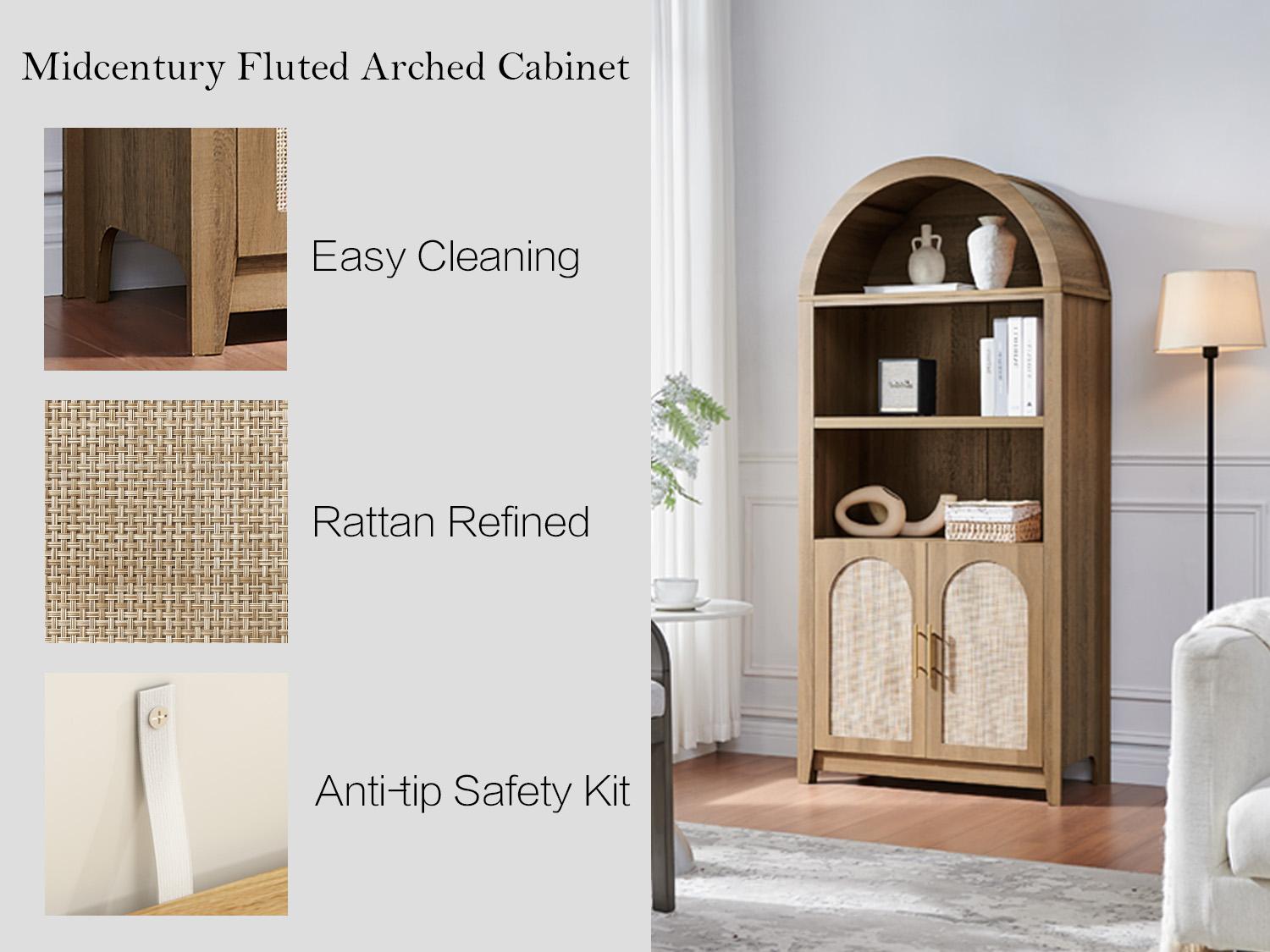 Arched Cabinet Bookshelf Bookcase - 69.3” Tall Mid Century Arched Display Cabinet, Rounded Bookshelf with Rattan Doors, Open Shelf Storage for Dining Room Arched Cabinet Bookshelf Bookcase - 69.3” Tall Mid Century Arched Display Cabinet, Rounded Bookshelf with Rattan Doors, Open Shelf Storage for Dining Room