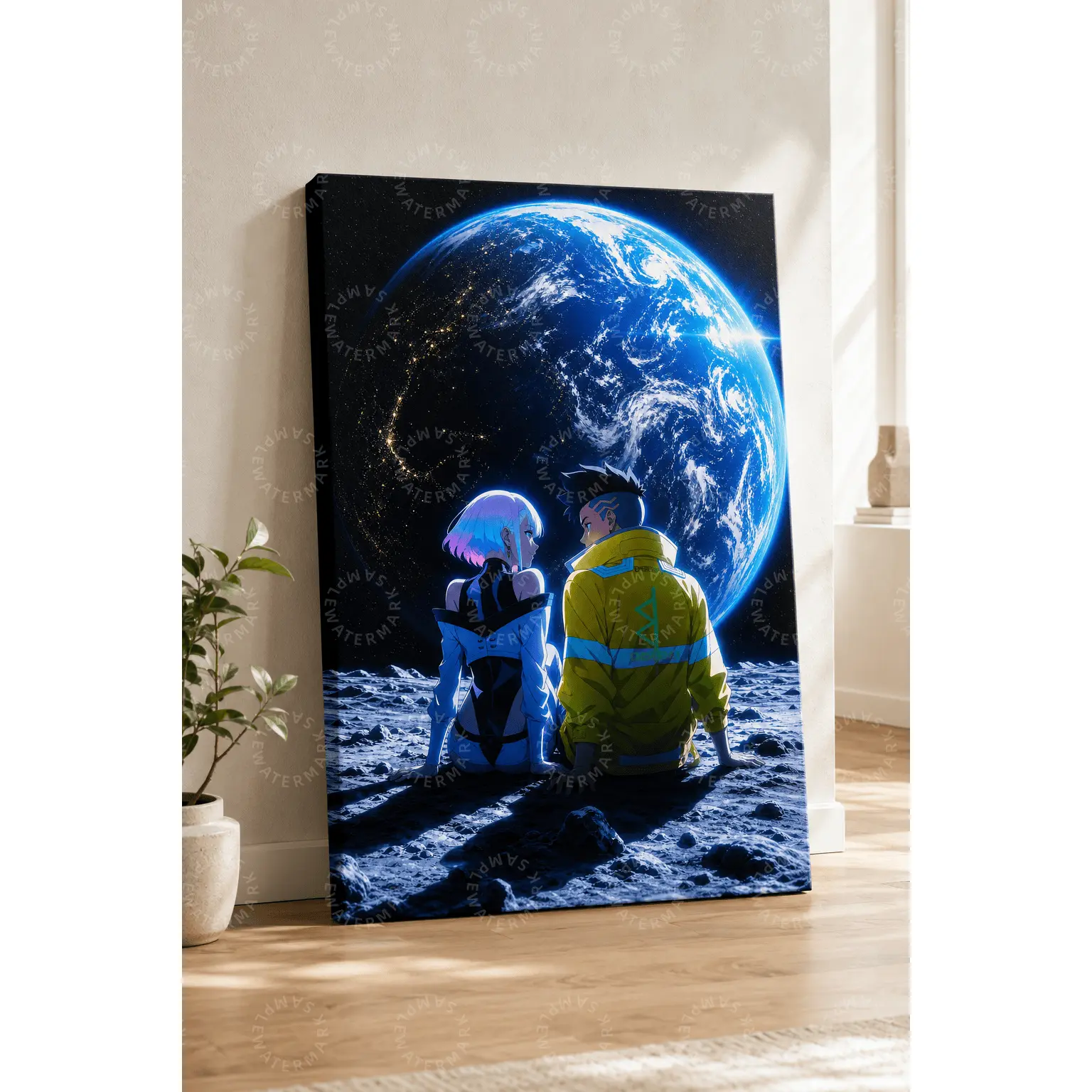 Futuristic Moon Couple Poster, Glowing Earth Sci-Fi Canvas Wall Decor, Blue Anime-Inspired Aesthetic Art Print for Bedroom, Living Room, Teen Room, Office, Gaming Room and Modern Space Decor