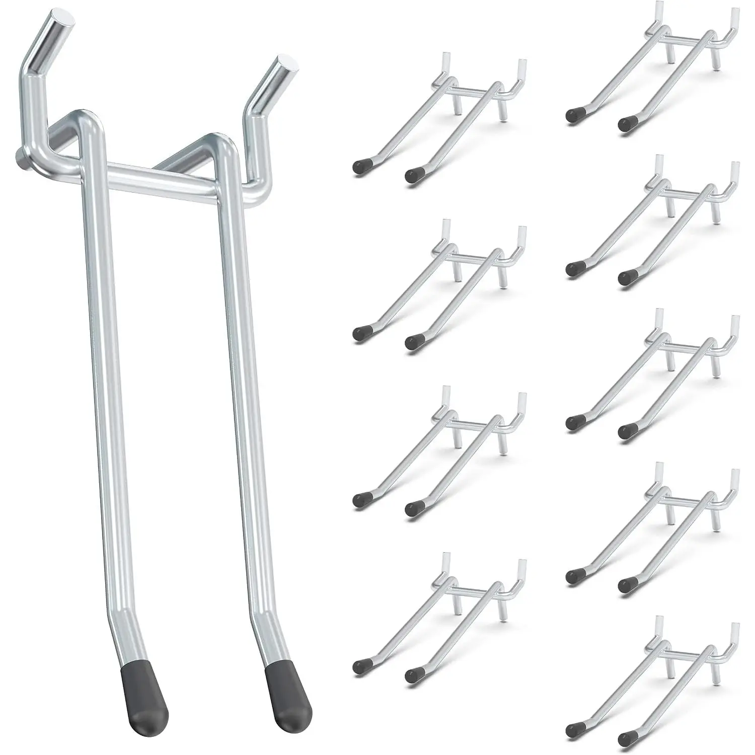 10 Pack 4 Inch Double Arm Pegboard Hooks for 1/4" Peg Board | Metal Utility Holders, 40lb Garage Wall Organizer for Drills, Hammers, Mallets and Power Tools