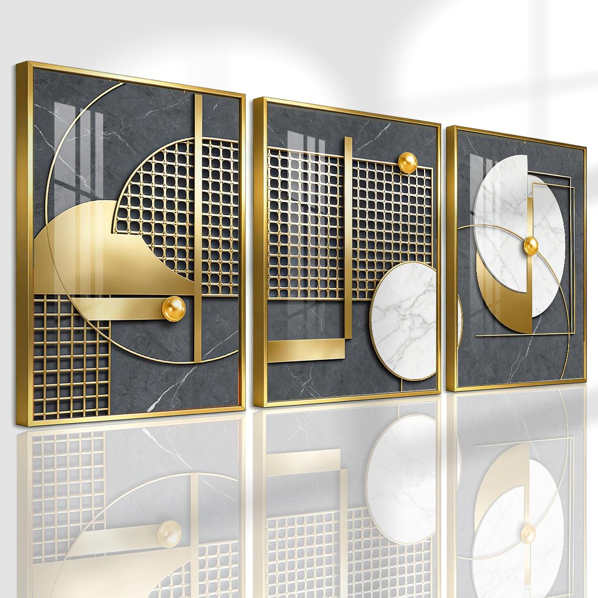 3 Counts Aluminum Alloy Framed Painting, Geometric Gold And Marble Abstract Art, Home Decoration For Living Room, Bedroom, Office, Restaurant, Hallway Wall Decor, Odorless Print Artwork, Luxury Perfect Gift For Friends And Family