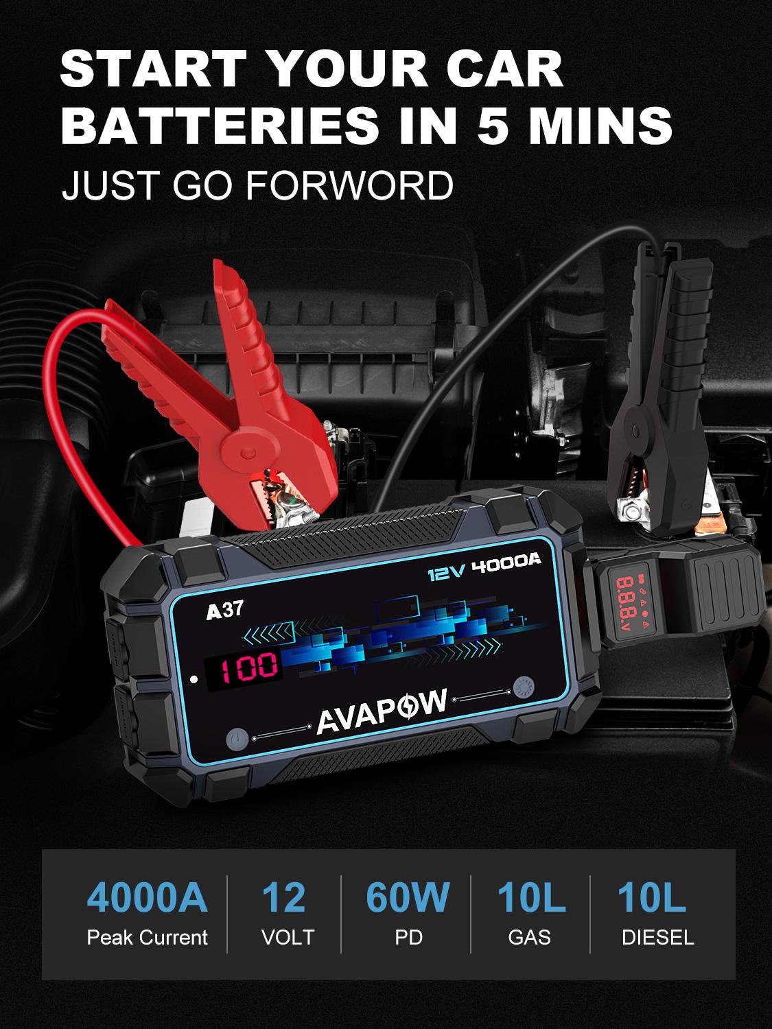 AVAPOW 4000A Car Battery Jump Starter–12V Portable Power for 10L Gas/10L Diesel Engines, Booster Function, PD 60W Fast Charging Lithium Jump Box Outdoorfun AVAPOW 4000A Car Battery Jump Starter–12V Portable Power for 10L Gas/10L Diesel Engines, Booster Function, PD 60W Fast Charging Lithium Jump Box Outdoorfun