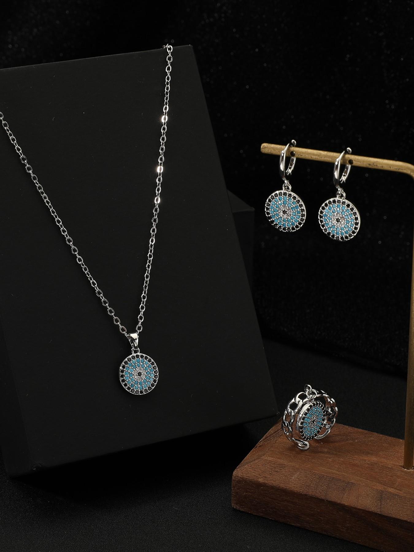 3 Piece Set Silver Color Turkish Evil Eye Blue Zircon Necklace Earrings Ring Set, Women's Party Wedding Luxury Jewelry Gift