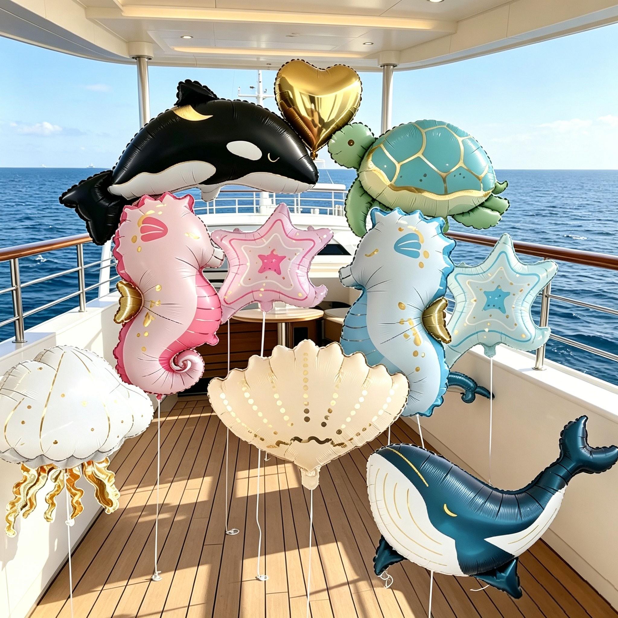 12-Piece Ocean Animal Aluminum Foil Balloons Set, Shell, Blue Whale, Jellyfish, Turtle, Seahorse, Orca, Heart Shape, Party Decorations