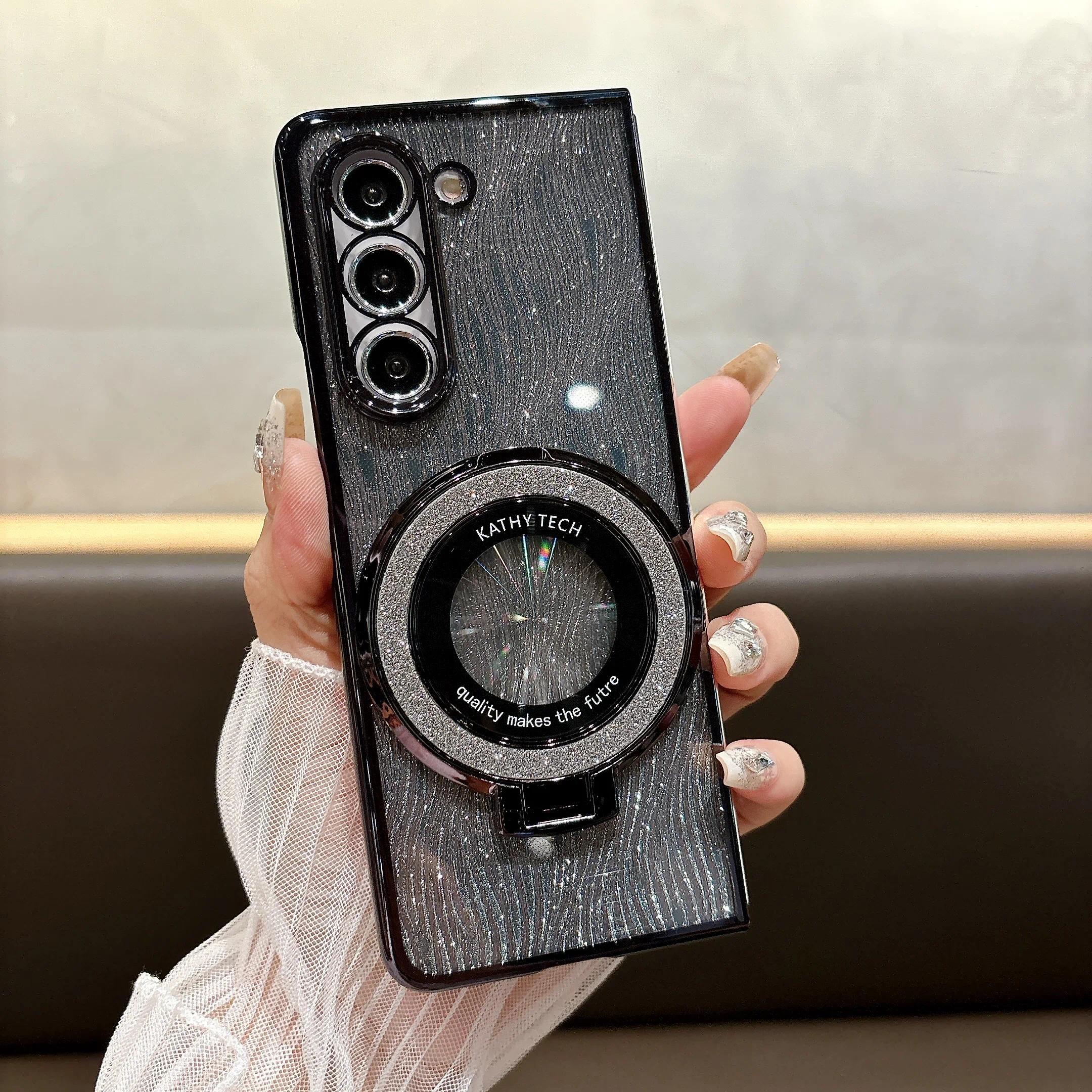Ring Electroplate Sparkling Phone Case for Samsung Galaxy Z Fold 7 6 5 4 3 Fold6 Fold5 Fold4 Fold7 Magnetic Shockproof  Cover