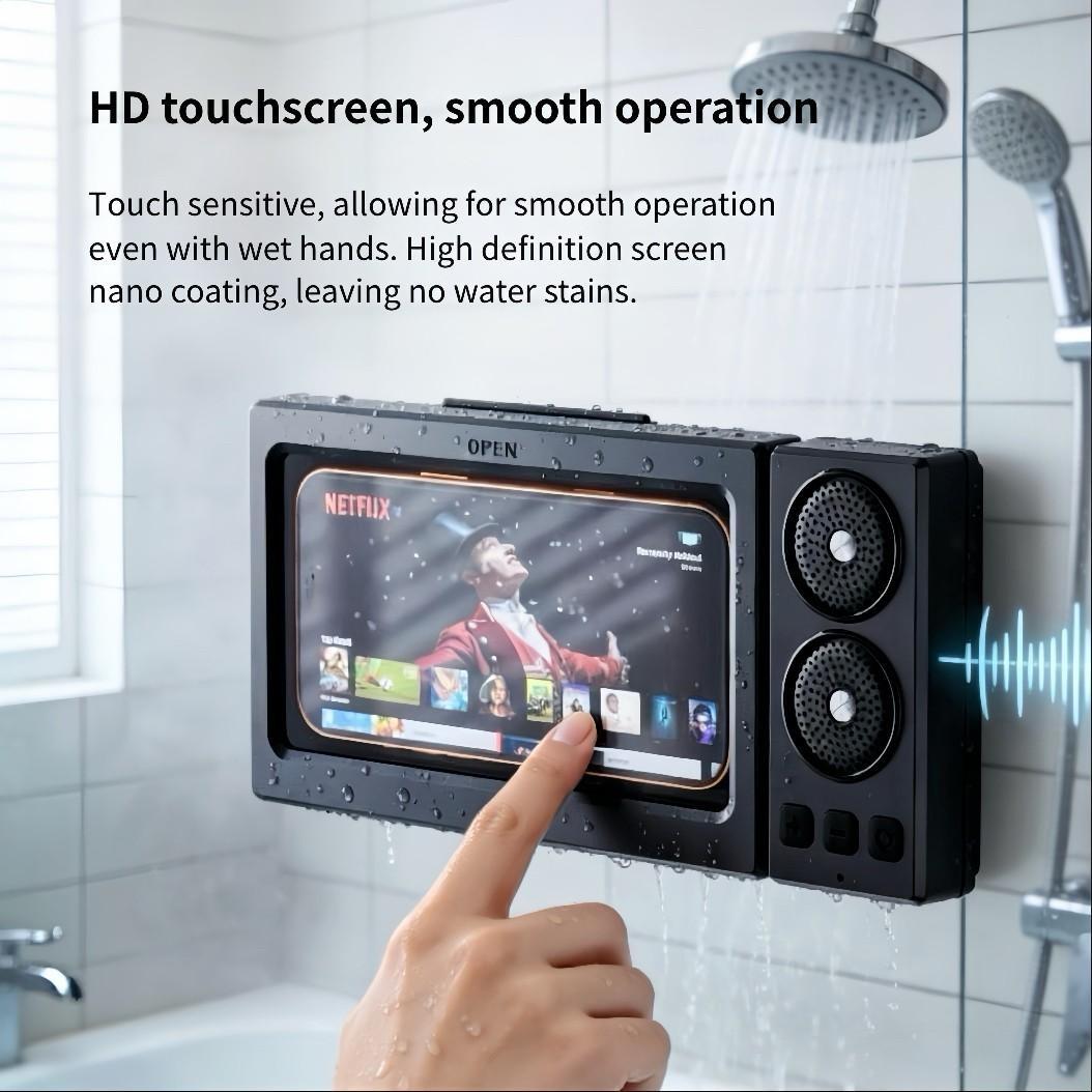 Waterproof box speaker, bathroom waterproof 360 ° rotating touch screen, Bluetooth speaker, watch movies, listen to music, phone holder Bluetooth speaker audio shower TV holder, swimming pool, kitchen, bathroom, sink