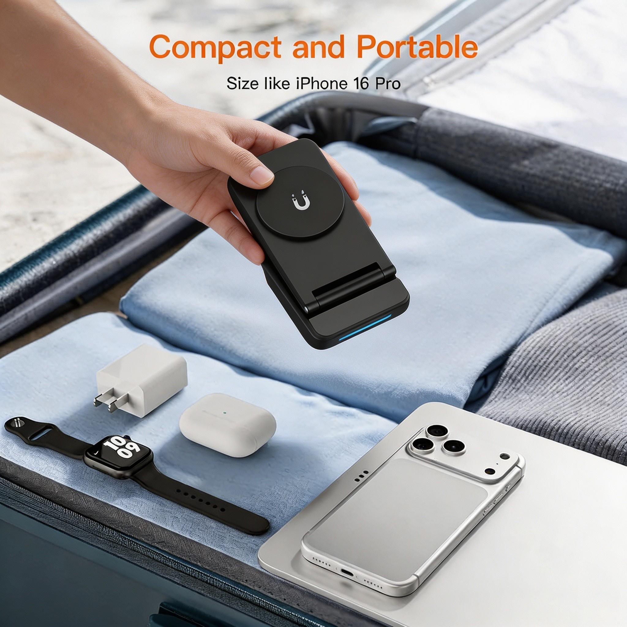15w Folding Magnetic Wireless Charger, Fast Charging for iPhone 16-12, Iwatch 1-9, AirPods 3/2/pro, Portable Wireless Charger