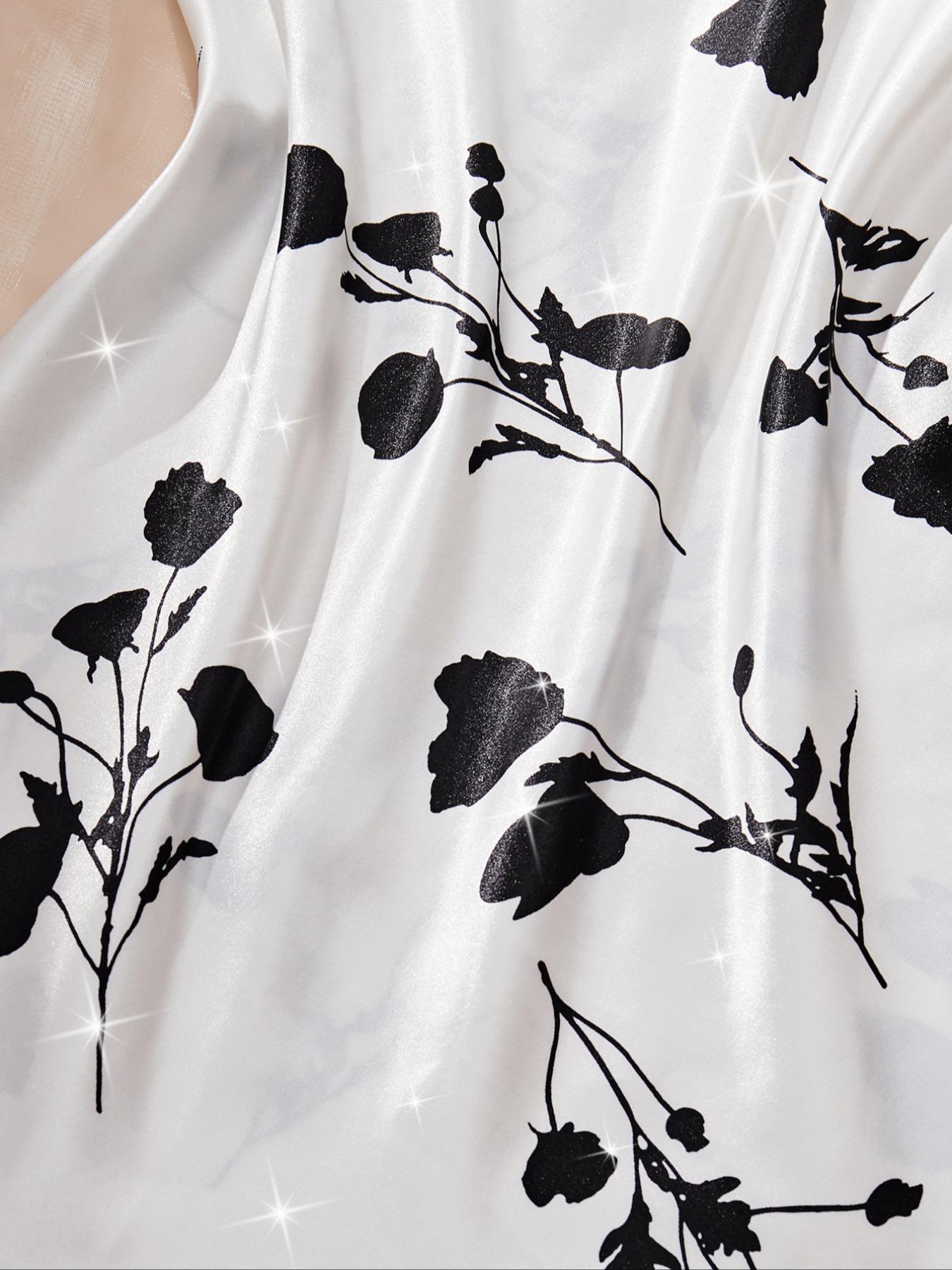 Women's Floral Print Backless Satin Cami Nightdress, Regular Fit Elegant Spaghetti Strap Nighty Dress for Women, Bride's Nightgown, Women's Night Dresses for All Seasons, Slips Dress