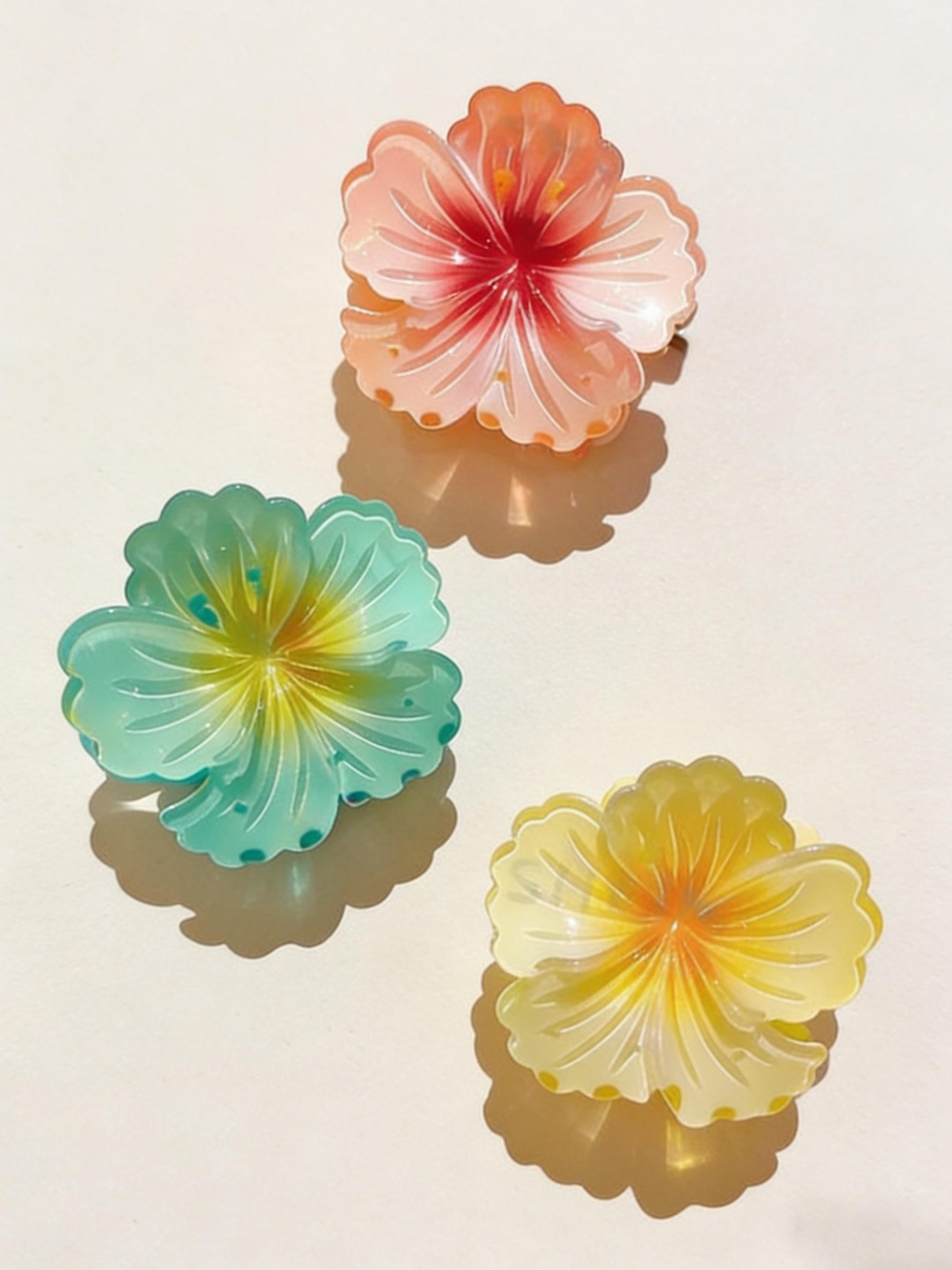 Blossom Design Hair Clips Set, & Blue Block, Layered Petal Texture, Secure Tooth Clip, Elegant All-Season Accessory