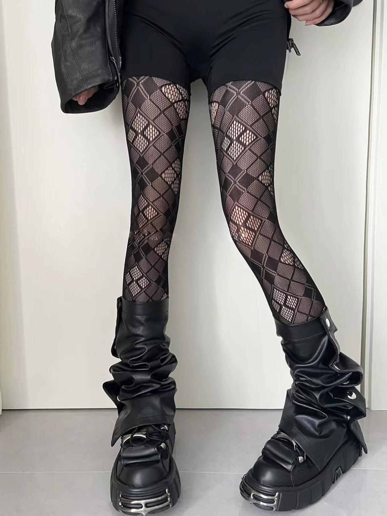 Y2K Sexy Grunge Layered Plaid Mesh Socks, High Elasticity Bottom Stockings, Vintage Embroidered Pantyhose, Boho Style
