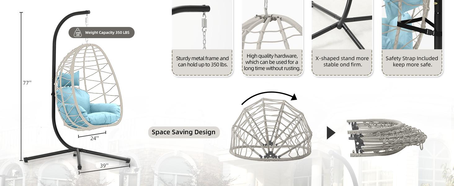 Hanging Egg Chair with Stand – Handwoven Rattan Patio Swing with Cushion, 350lb Capacity – Indoor/Outdoor Chic for Patio, Garden & Poolside