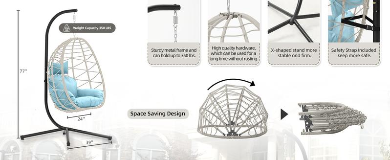 Hanging Egg Chair with Stand – Handwoven Rattan Patio Swing with Cushion, 350lb Capacity – Indoor/Outdoor Chic for Patio, Garden & Poolside Hanging Egg Chair with Stand – Handwoven Rattan Patio Swing with Cushion, 350lb Capacity – Indoor/Outdoor Chic for Patio, Garden & Poolside