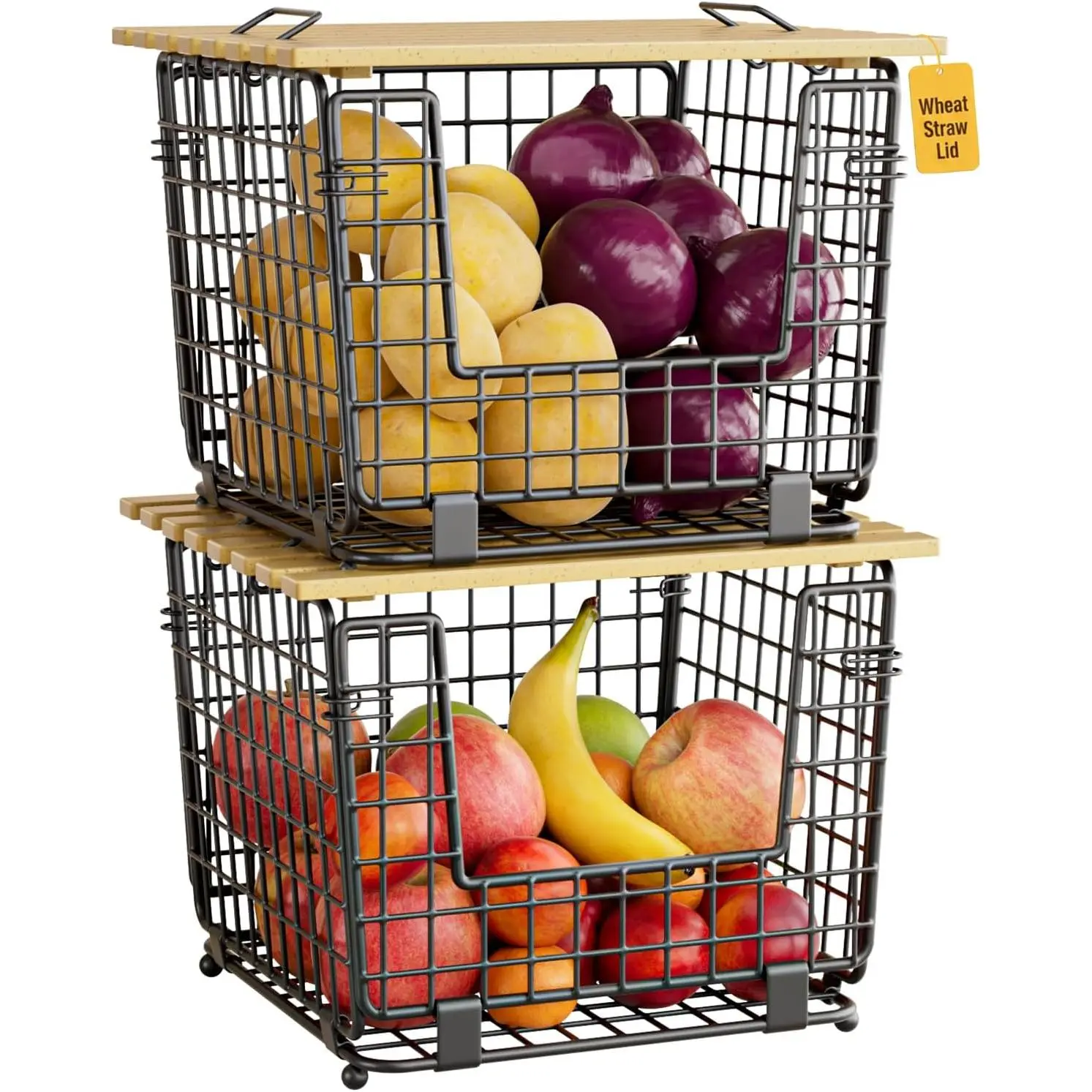 2pack-black Stackable Potato & Onion Bins, Home Pantry Organizers and Storage Baskets