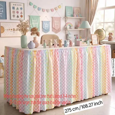 Teacher Desk Skirt Multicolor Plaid Classroom Decoration, Teacher Desk Ruffled Tablecloth, School Office Decor, Back-To-School Party Supplies, Decorations Supplies