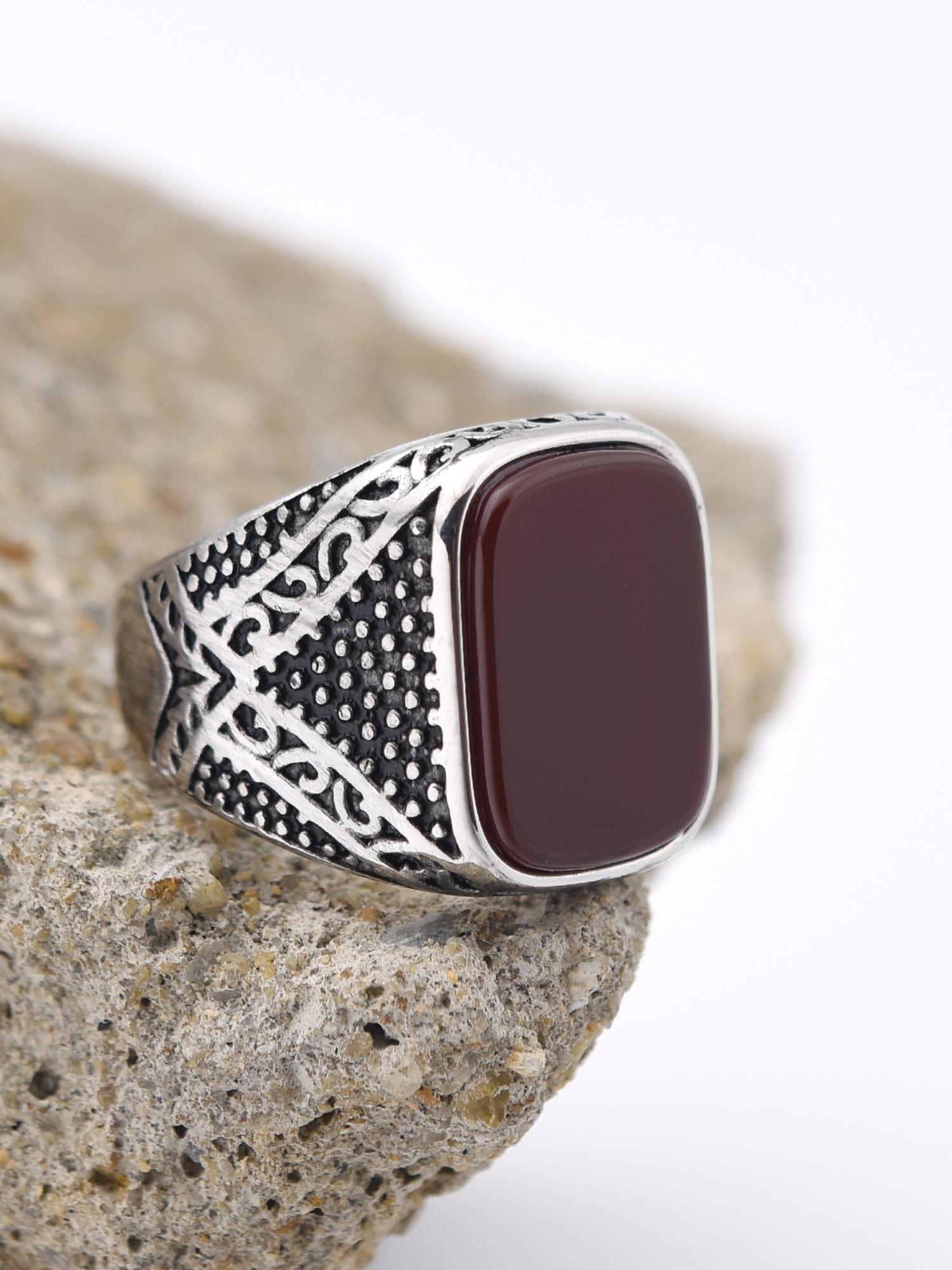 Vintage Men's Signet Ring 316L Stainless Steel Silver Color Blue Agate Square Stone Retro Carving Jewelry Gift