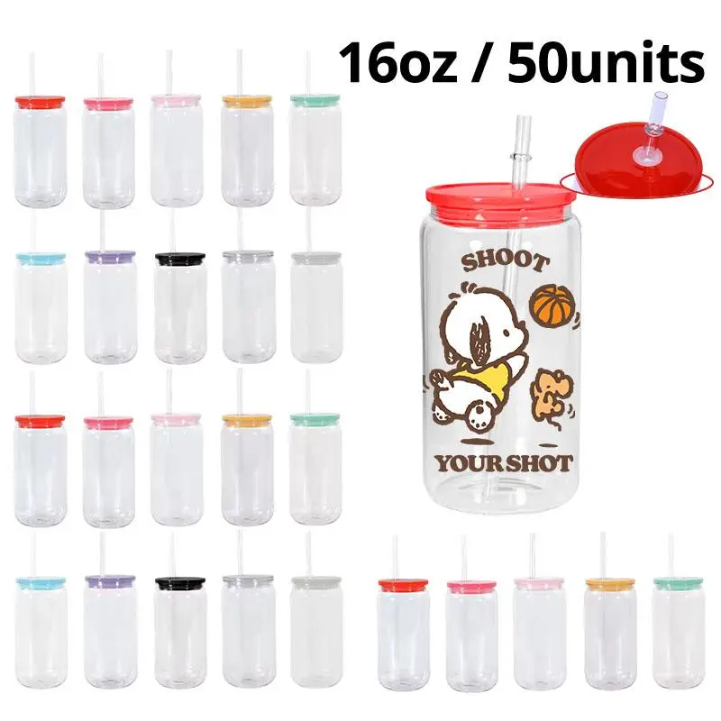 50-Pack 16oz Transparent Acrylic Cups with Colorful PP Lids, Clear Straw, USA Warehouse Wholesale Kitchenware for UV DTF Wraps Custom