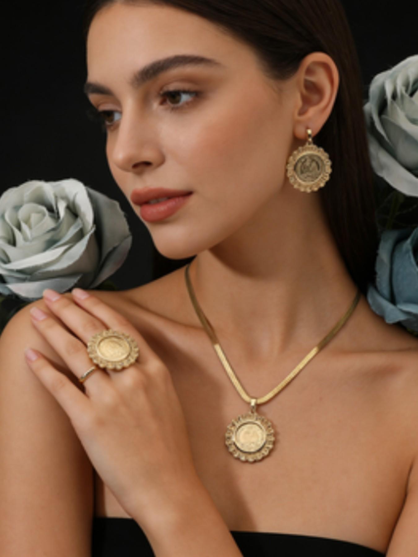 Luxury Vintage Gold Coin Set, Middle Eastern Style Necklace Earrings Ring, Bridal Wedding Jewelry, Casual All-Season Accessories