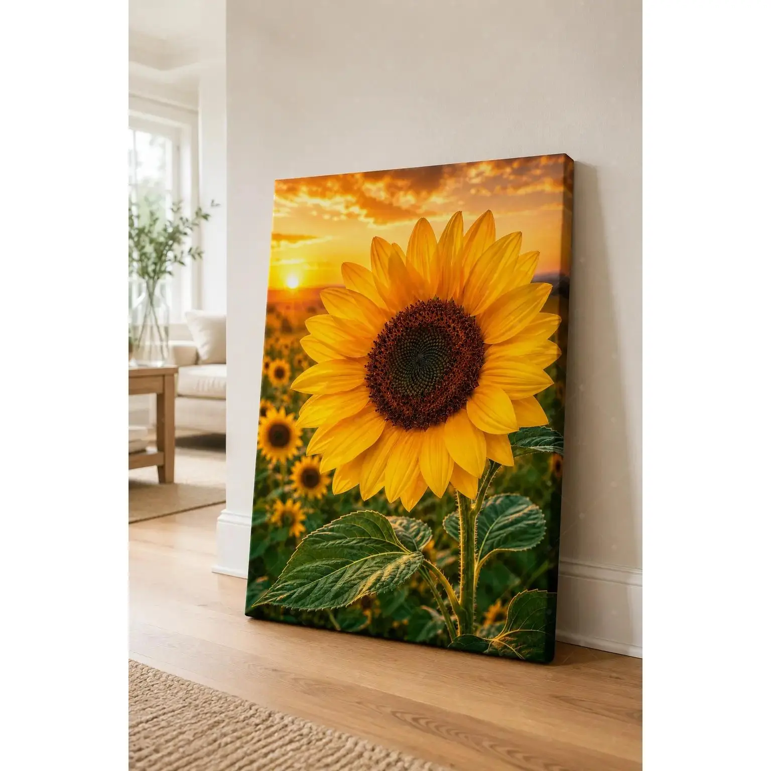 Sunflower Field Sunset Landscape Canvas poster wall decor, Warm Nature Floral Wall Decor Living Room Bedroom Farmhouse Home Decor