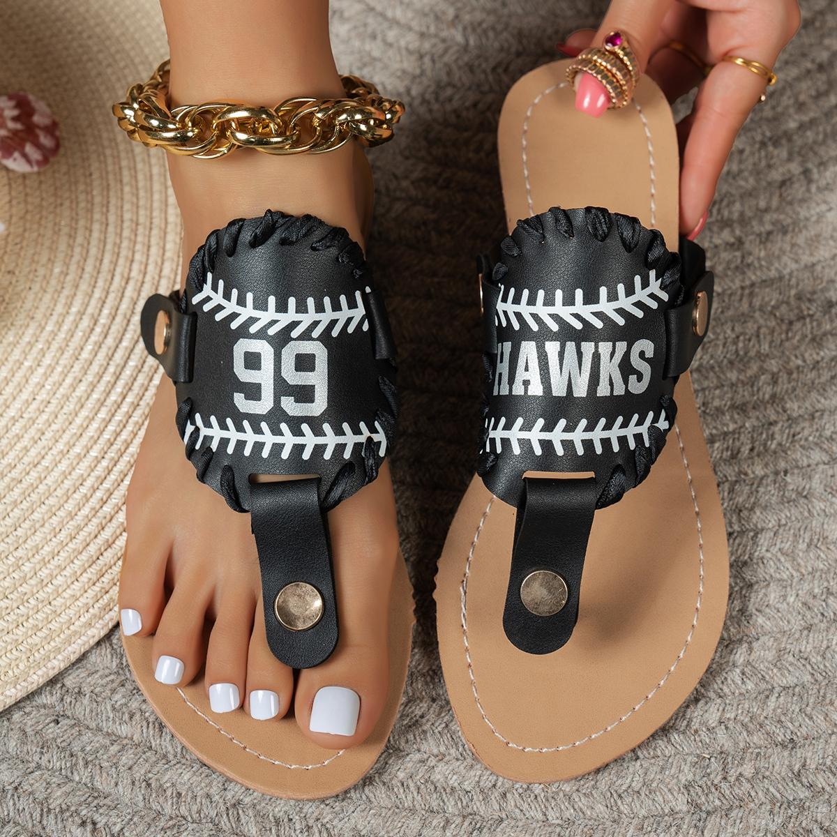 New foreign trade baseball-themed toe-loop sandals featuring the HAWKS team’s number 99. Casual, versatile, flat women’s shoes.