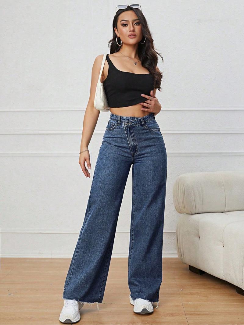 Women's Vintage Denim Jeans, Diagonal Button Design, Ultra-Long Straight Wide Leg, Casual Style, All Seasons Daily Wear