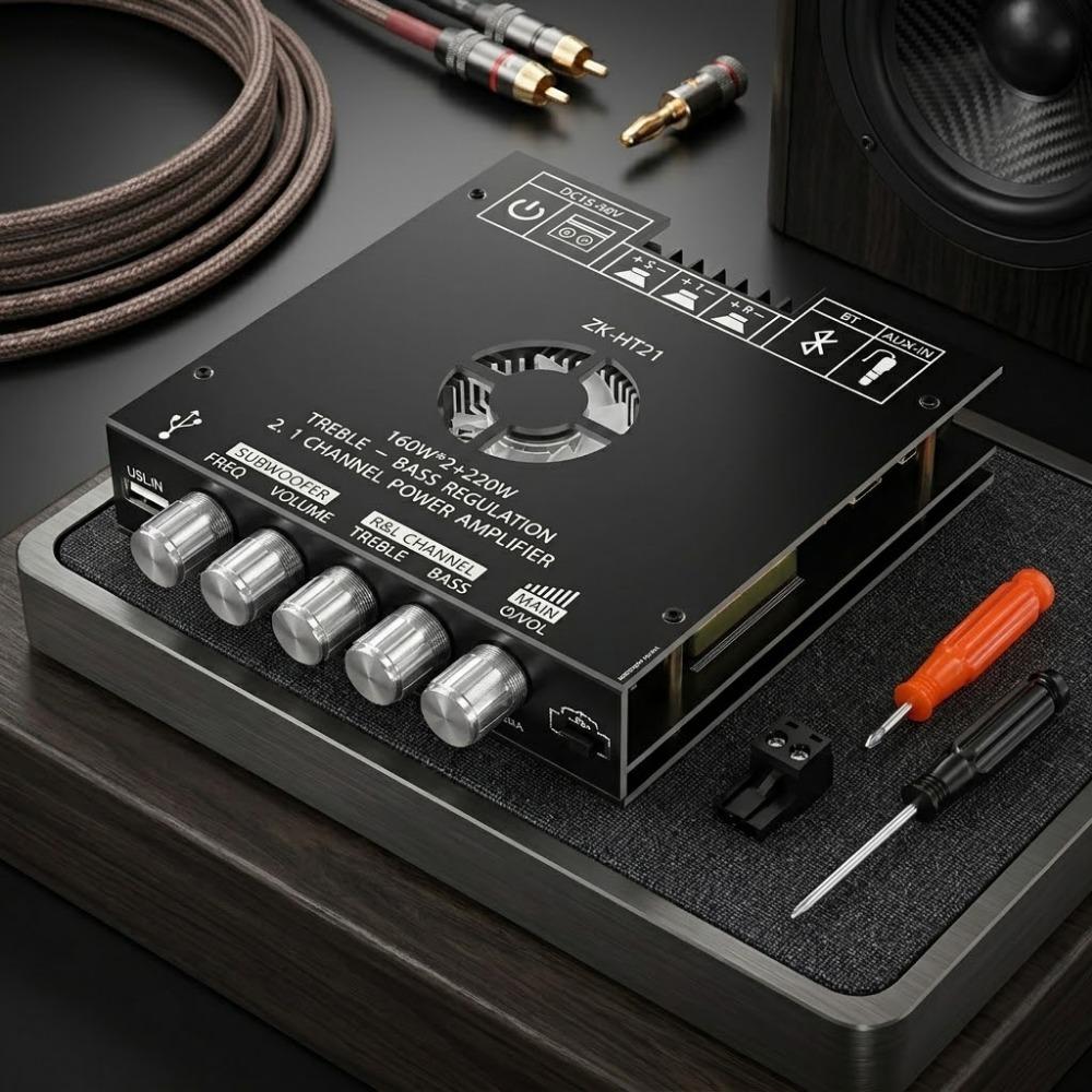 Upgrade Your Home Theater with ZK-HT21 Bluetooth Amp: 160Wx2, 220W Subwoofer Output, BT 5.0, AUX/USB, Bass/Treble Knob, DC 15-36V Powered.
