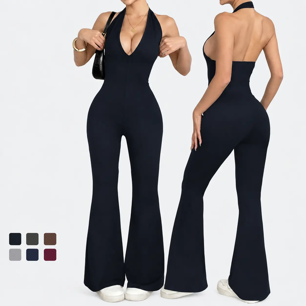 Women’s Halter Deep V Backless Jumpsuit, Sleeveless Bodycon Flare Leg One Piece Romper, Fitted Full Length Jumpsuit for Women, Casual Going Out, Date Night, Vacation & Summer Outfits Dress Womenswear jumpsuits for women