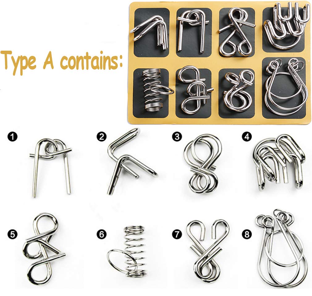 Metal Wire Brain Teaser Montessori Puzzles Ring Toy Set 7.08''×5.9" 24-Piece Logic Game Solution Interlock Educational Stress Relief Portable Durable Gift for Kids Teens Adults