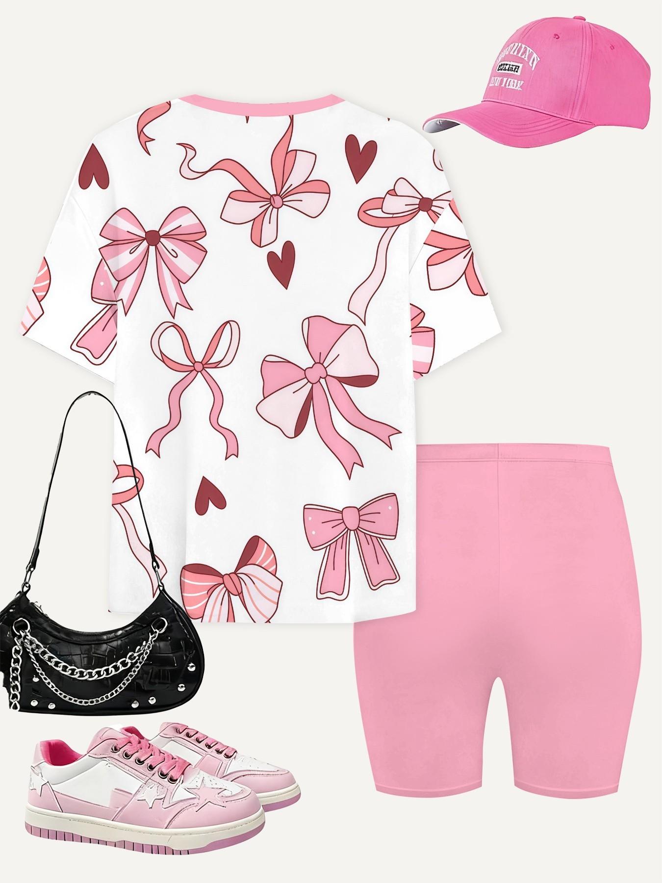 Teen Girl Fashion Street Style Printed Short Sleeve T-Shirt and Fitted Shorts Set, Casual School, Summer Vacation Wear