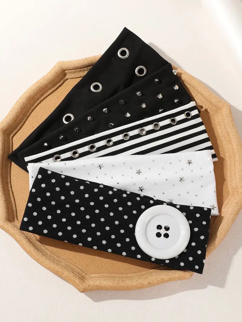 5pcs Punk Style Rivet Star Headbands for Women, Fashion Headbands, Striped Elastic Hair Bands, Millennial Chic Polka Dot Button Sports Face Washing Headbands