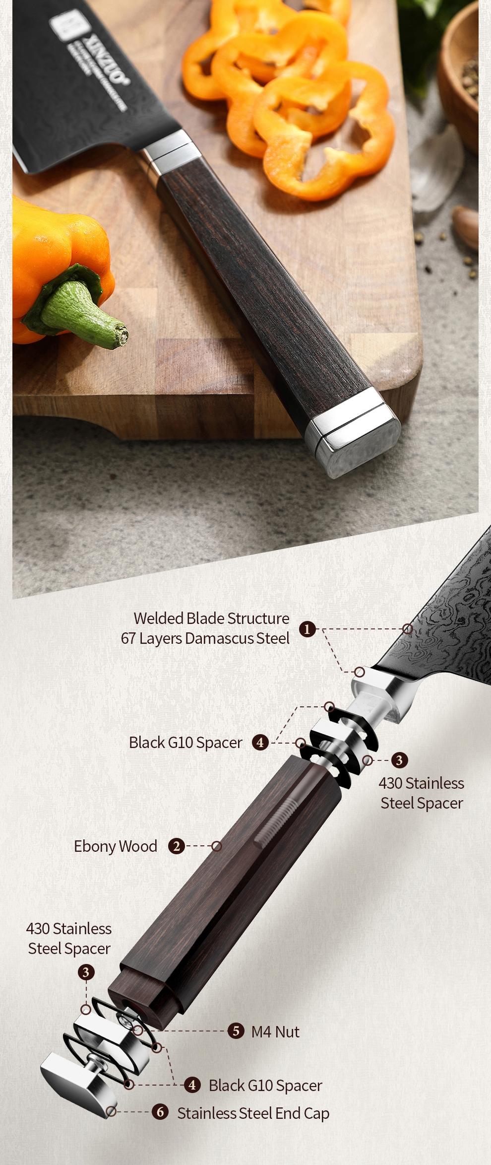 XINZUO High Carbon Steel 7.2 Inch Santoku Knife, 67 Layers Damascus Steel, 12Cr18MoV Core, Ebony Wood Handle, Handmade By Artisans, Kitchen Tool